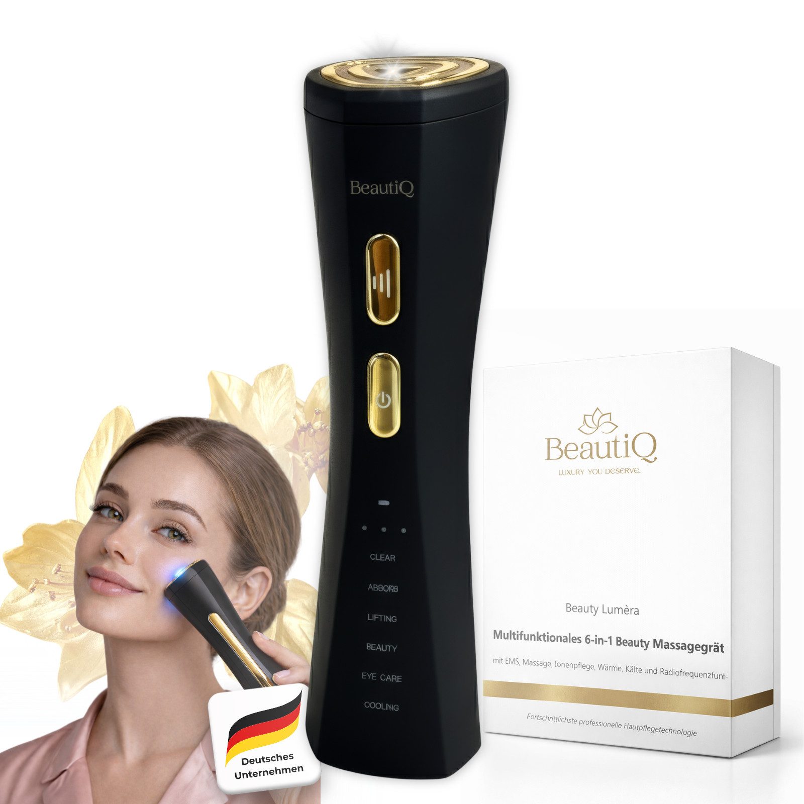 BeautiQ Gesichtsmassagegerät Lumèra PRO 6 in 1 [Neuheit], EMS, Lifting, Anti-Aging Innovation, Full Inclusive Beauty Set, Radiofrequenz, LED, Vibration, Tiefenreinigung, Lifting-Modus, Augenpflege, Kühlung, Anti-Aging