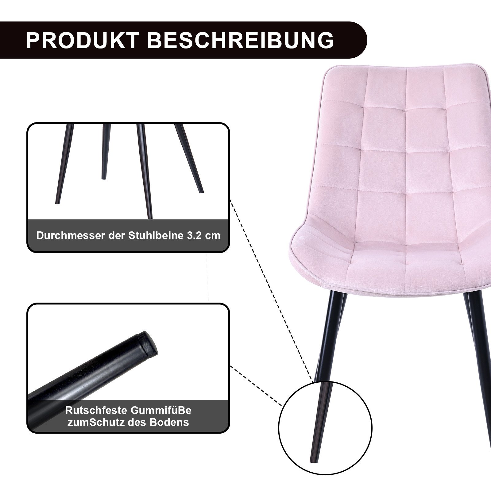 HOMAVO Esszimmerstuhl Stuhlset – Polsterstühle, Samt oder Webstoff, Metall-Füße (Nach EN 12520 geprüft, 2 St), mit Ergonomischer Rückenlehne und Metallbeinen – Bild 5 von 5