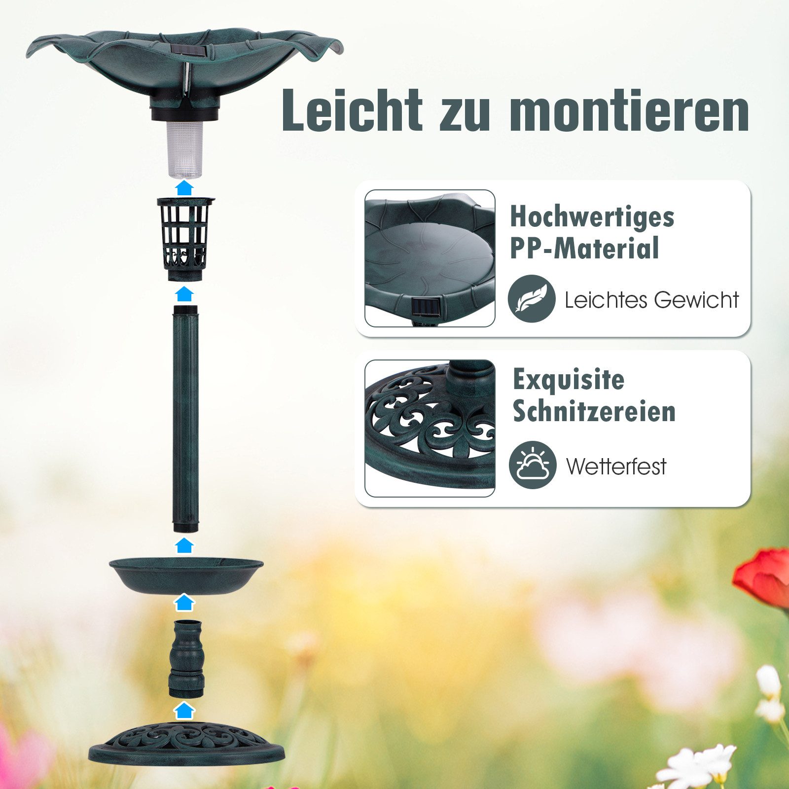 KOMFOTTEU Vogeltränke, Vogelbad Winterfest mit Solar Licht & Blumentopf