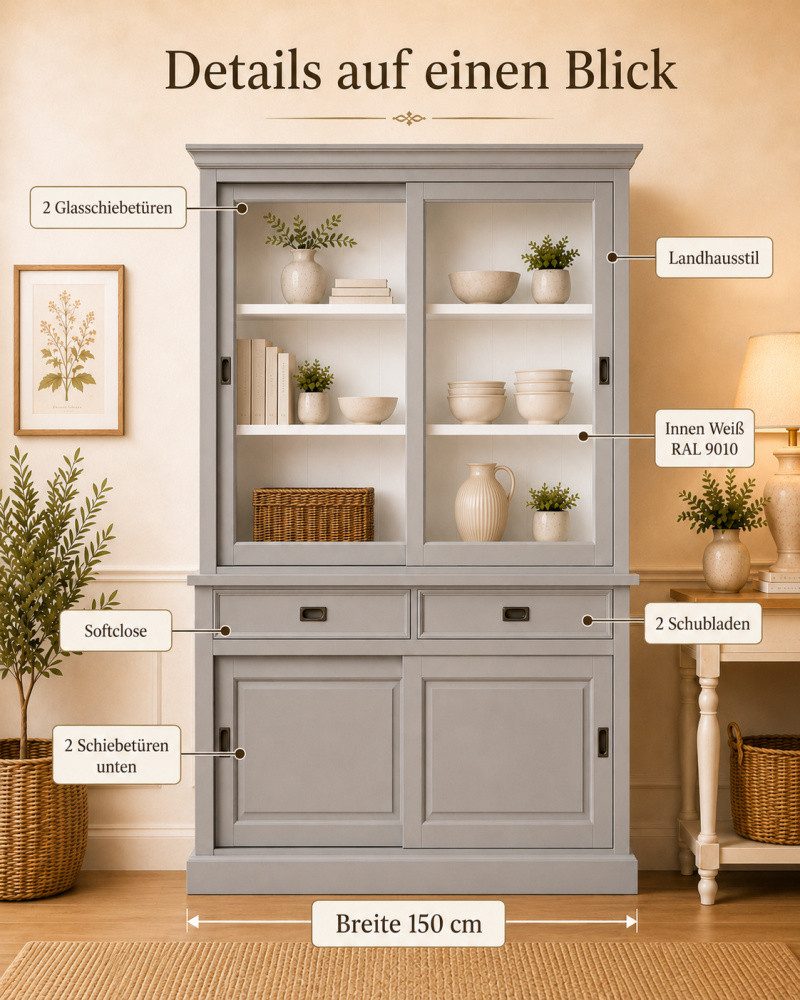 Wohnpalast Vitrine Vitrinen Schrank Neuss 150 cm Murano/Weiß - Buffet Schrank mit Schiebe