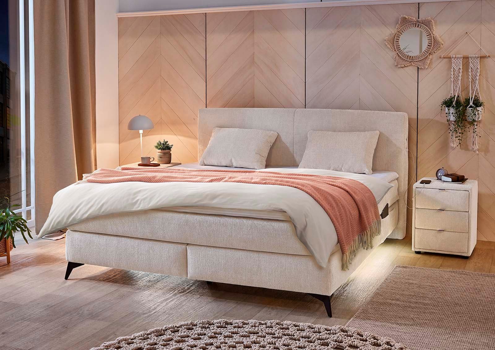 Jockenhöfer Gruppe Boxspringbett div. Kira, 444/17 Härtegrade beige LED-Bel., USB-Ladeports, inkl. Topper, 7-Zonen-Matr