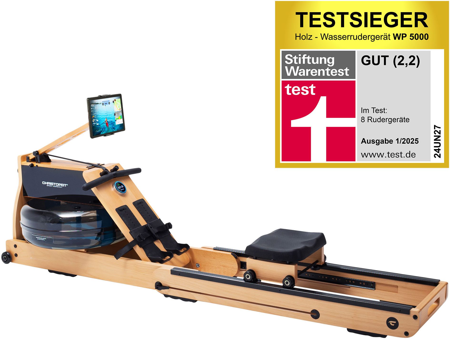 Christopeit Sport® Ruderzugmaschine WP 5000 Wasserrudergerät (Wasserwiderstand, Magnetwiderstand, Wassertank, Holz, Sport), Testsieger Stiftung Warentest Ausgabe 1/2025, Rudermaschine, Holz