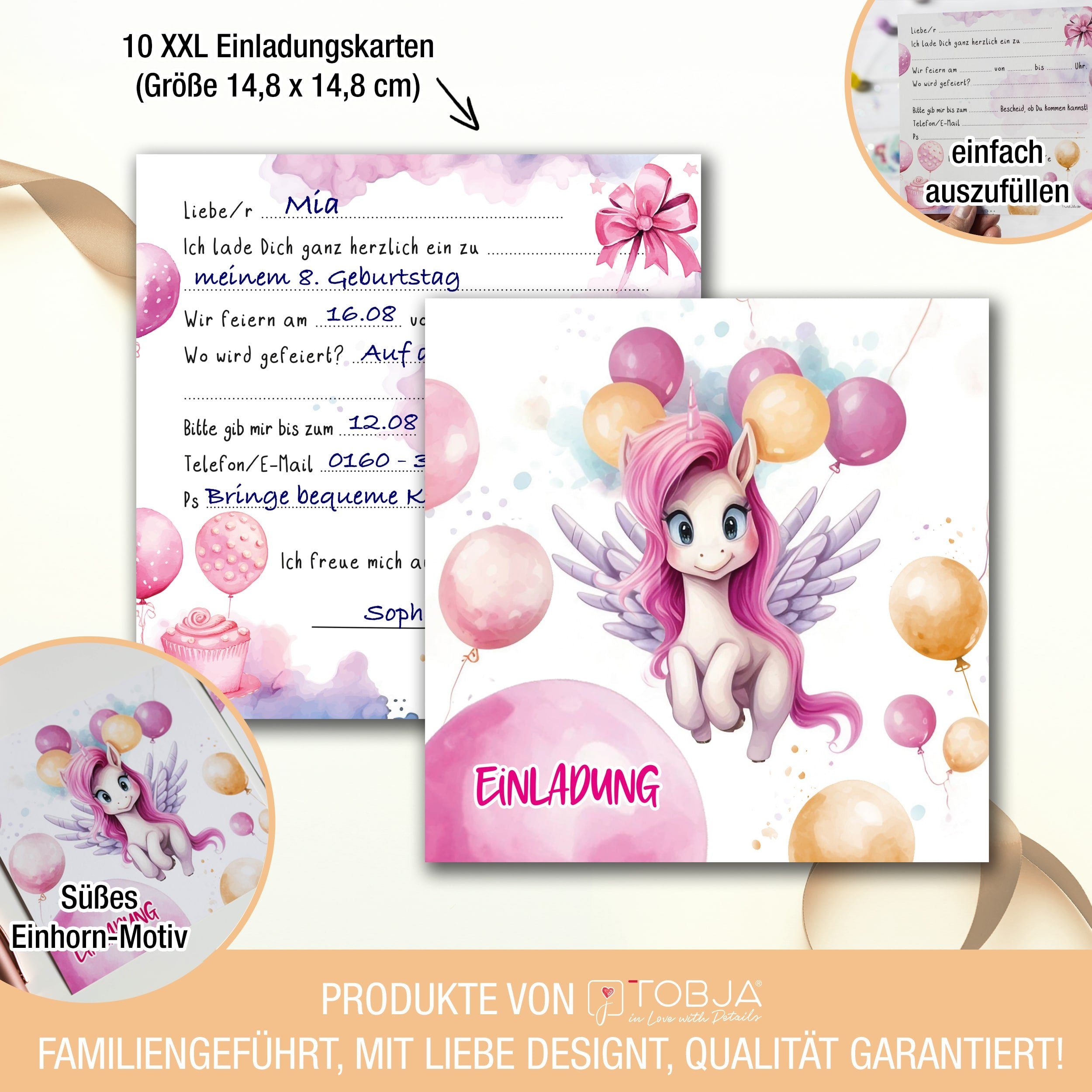 TOBJA Einladungskarten 10 Einladungskarten Einhorn inkl Umschläge und Sticker, Kindergeburtstag Mädchen Geburtstag Einladung Kinder