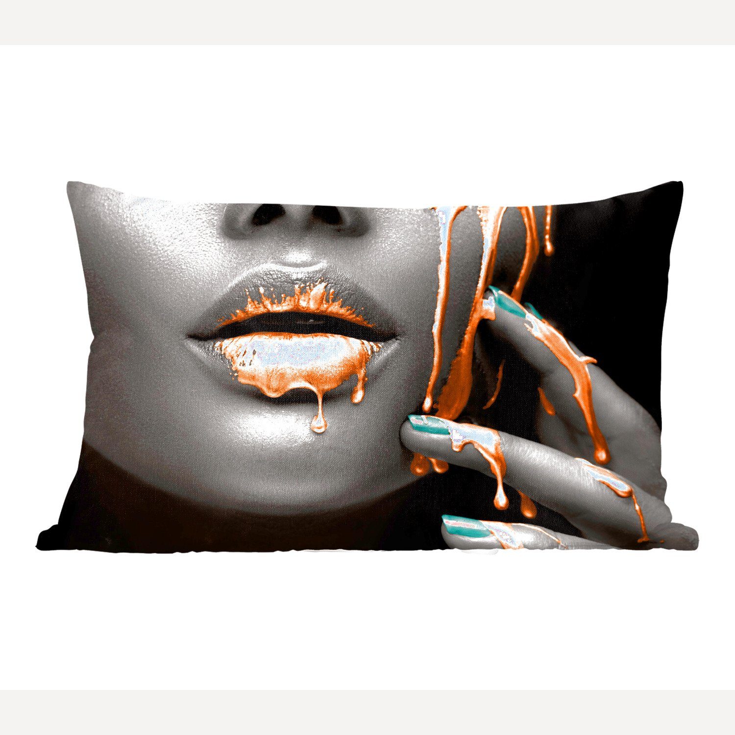 MuchoWow Dekokissen Lippen - Wohzimmer Orange Schlafzimmer Zierkissen, mit Schwarz, Füllung, Dekoration, Dekokissen 