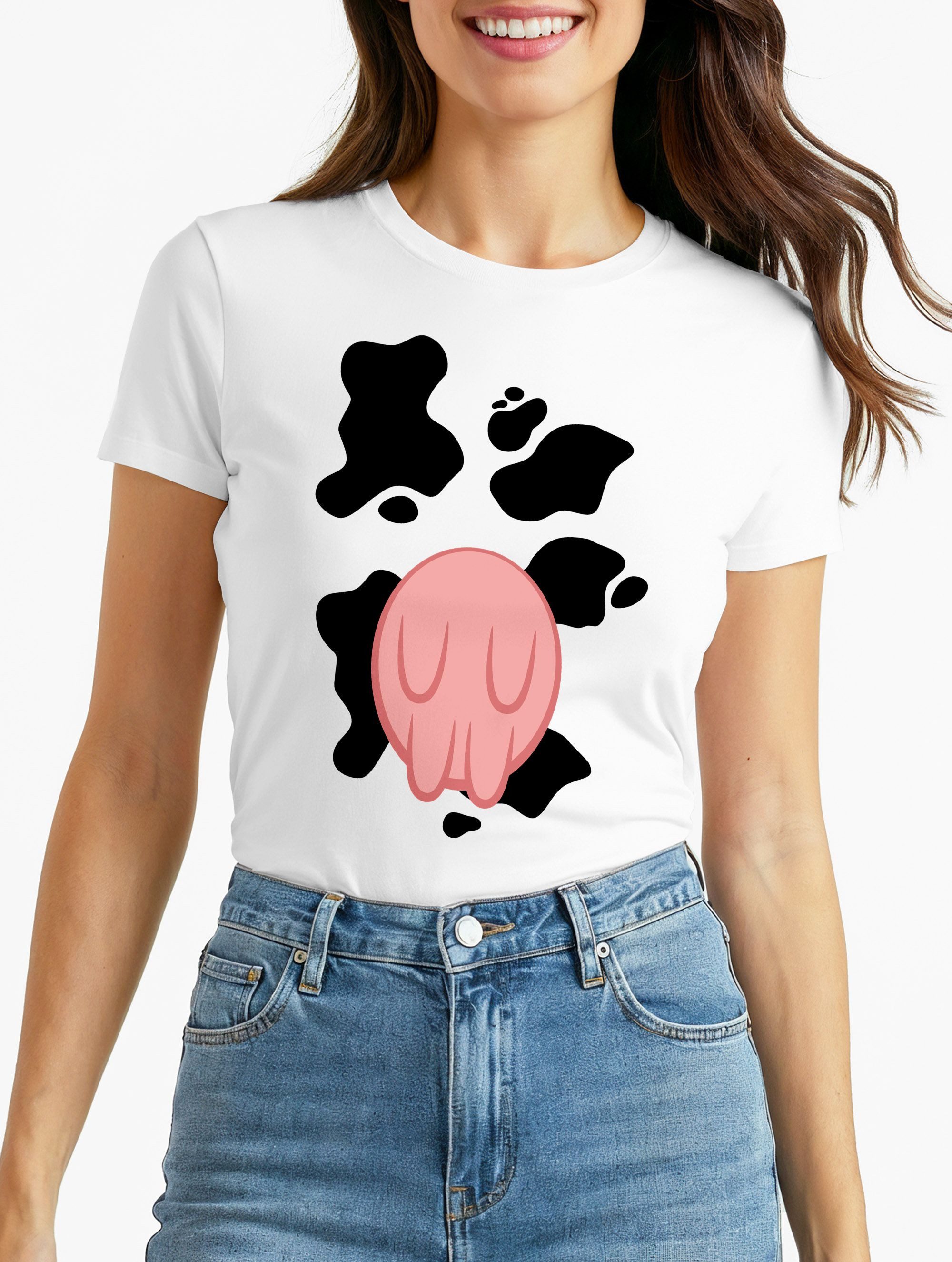 Print-Shirt Damen T-Shirt Kuh Kostüm Verkleidung Karneval Fasching Fastnacht
