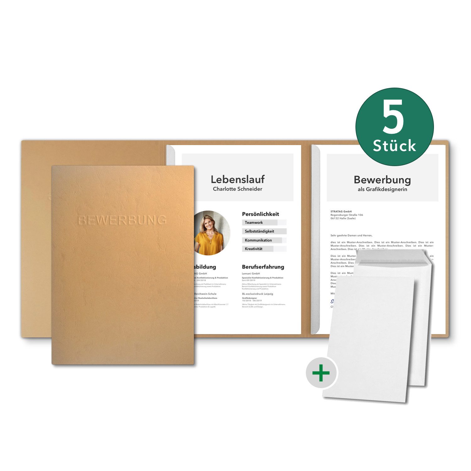 STRATAG Bewerbungsmappe Lederstruktur - 5 Stück 3-tlg mit 2 Klemmschienen & B4 Versandtaschen (Set, 5-St., mit hochwertiger Relief-Prägung BEWERBUNG), direkt vom Hersteller STRATAG - handgefertigt in Deutschland
