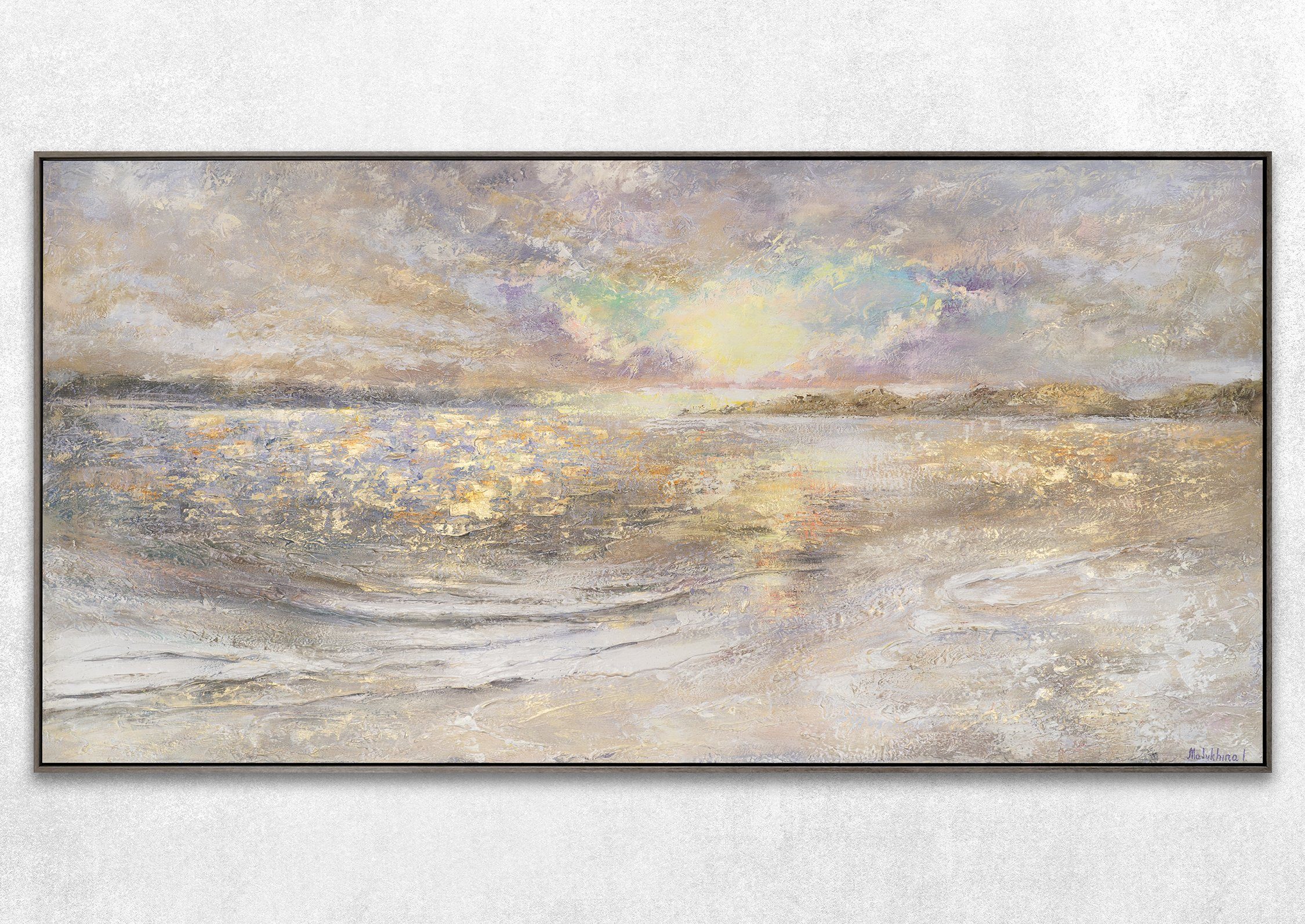 YS-Art Meer Sonnenuntergang Leinwand Meer Rahmen Landschaft, Mit Gemälde Dämmerung, Strand Bild Grau in am Handgemalt