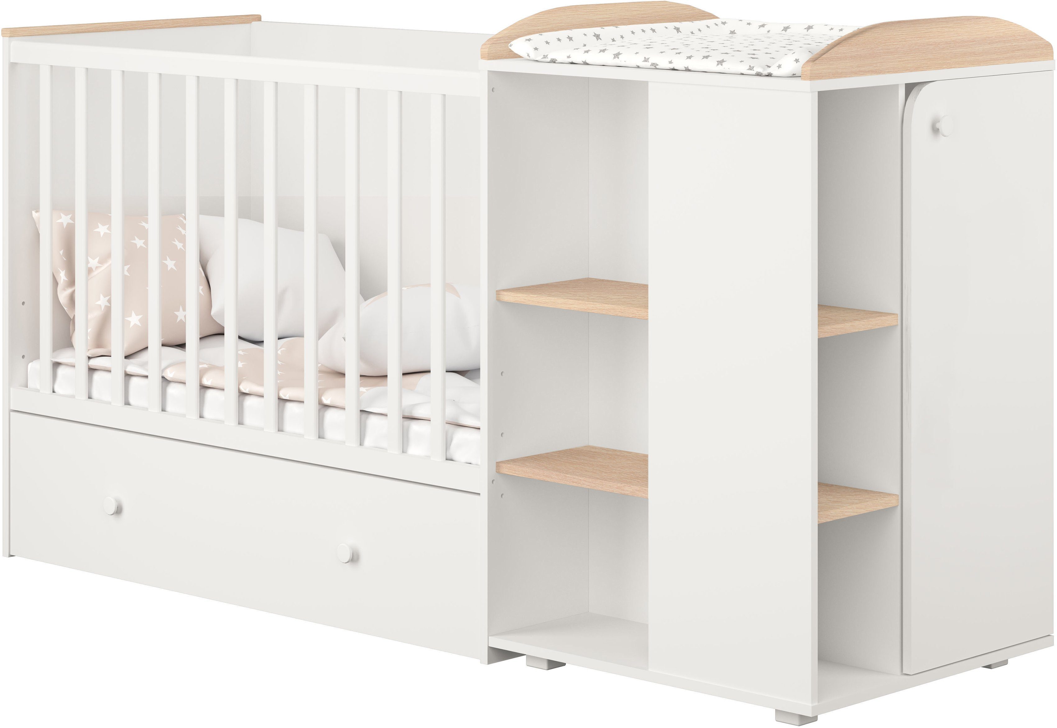 Polini kids Babybett »French 800 Ameli, weiß-eiche«, mit Bettschubkasten  und Wickelstation; umbaubar zu Juniorbett und Kommode online kaufen | OTTO