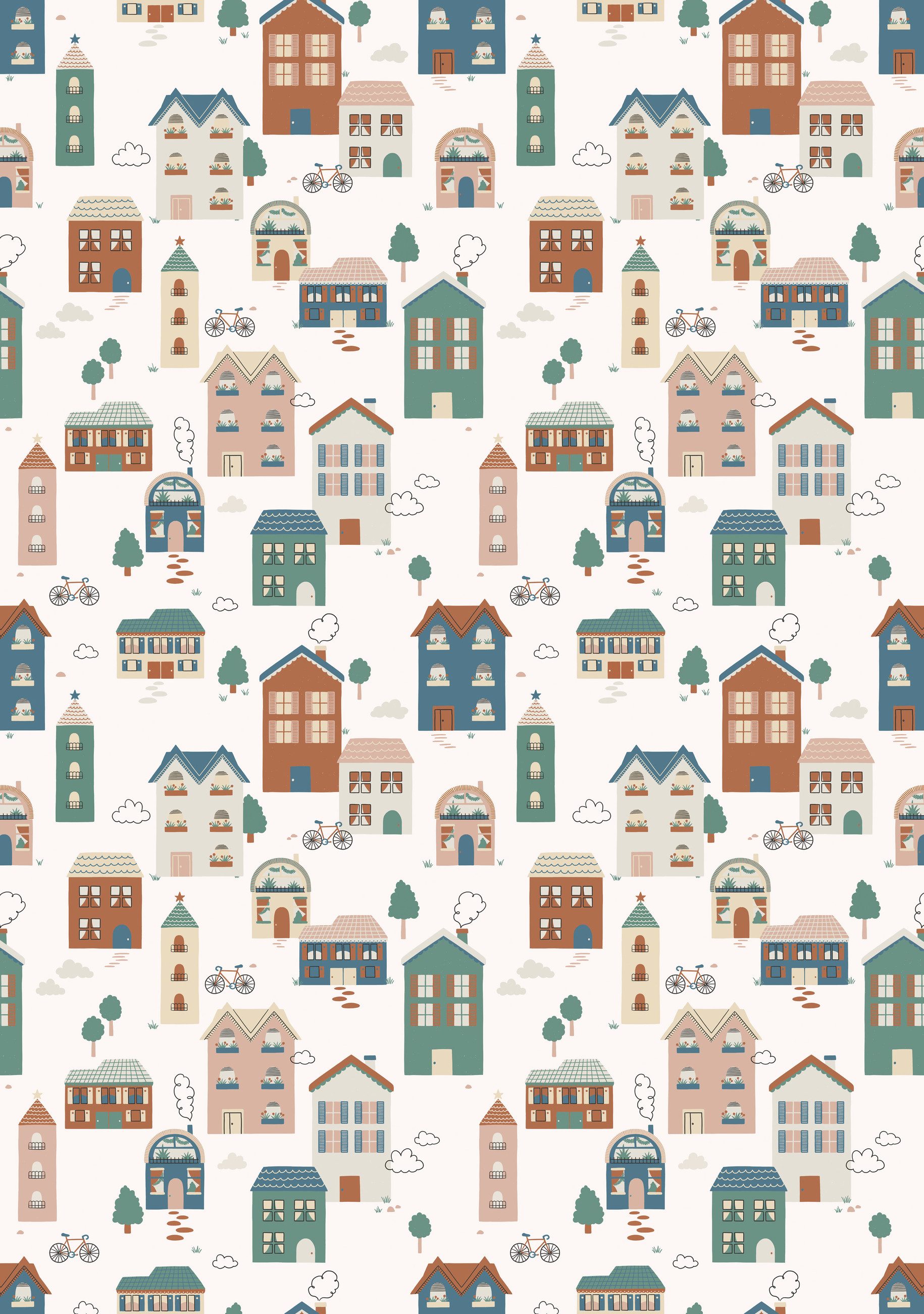 Rasch Fototapete Häuser zum Entdecken Grün Roomblush Tiny Houses RB393 - 2,85m x 2,00m, glatt, verspielt, gezeichnet, (1 Rolle, 1 St), Viele gemütliche Häuser zum Entdecken