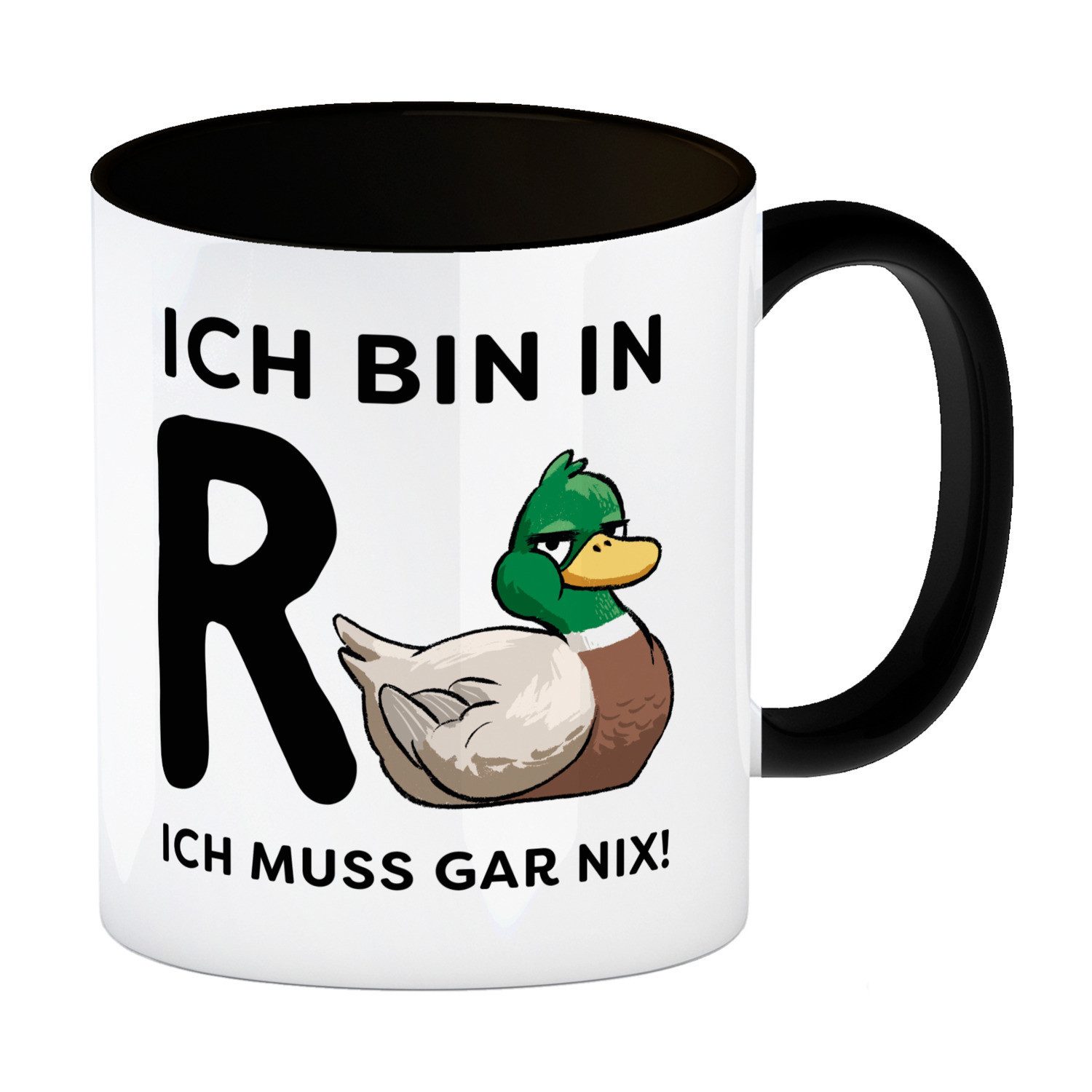 speecheese Tasse Ente Ruhestand Kaffeebecher in schwarz mit Spruch Ich bin R muss gar
