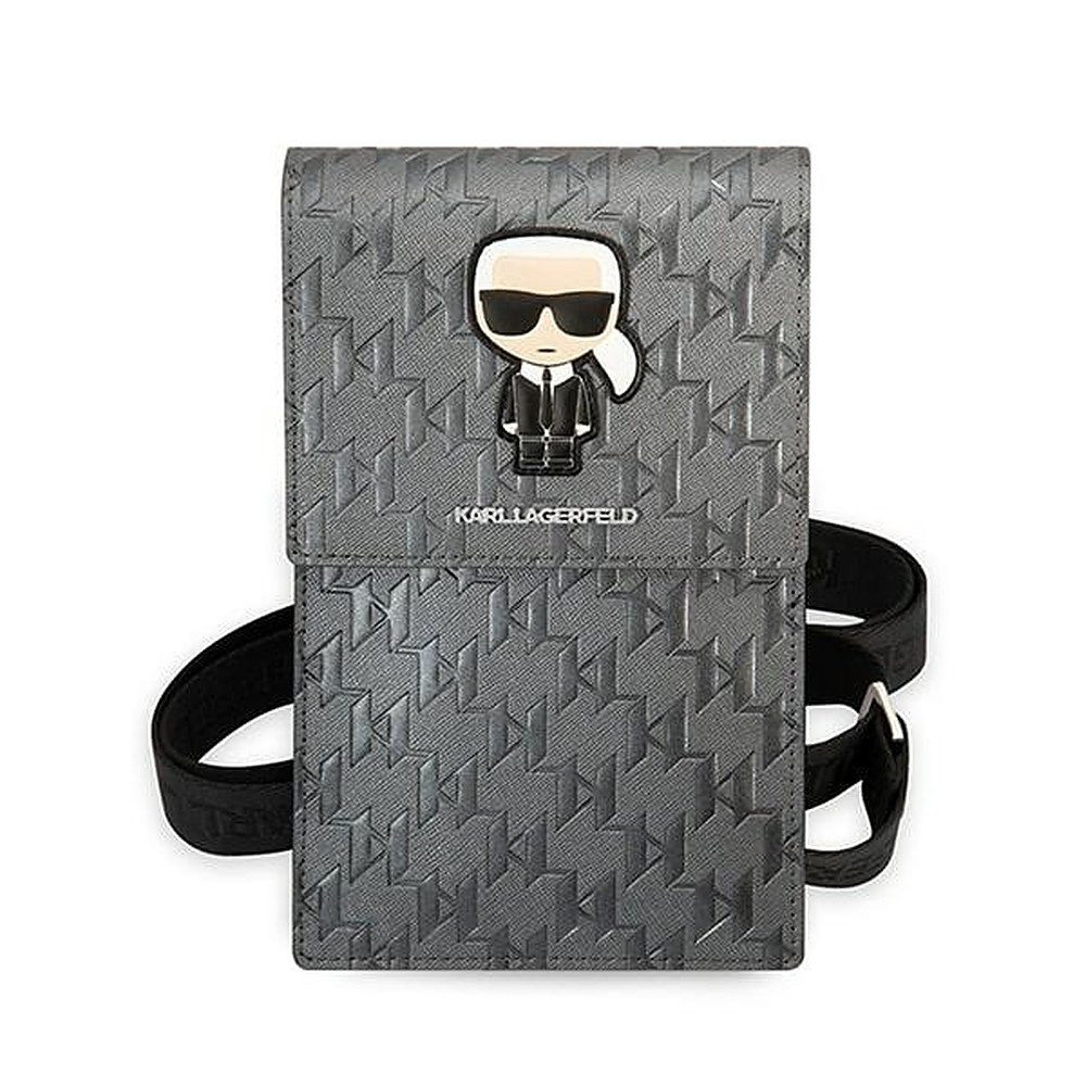 KARL LAGERFELD Handytasche Umhängetasche Schultertasche Smartphonetasche (Spar-Set, 1-tlg., 19 x 12 x 2 cm elegant), Schultergurt, Magnetclip, Monogramm-Prägung