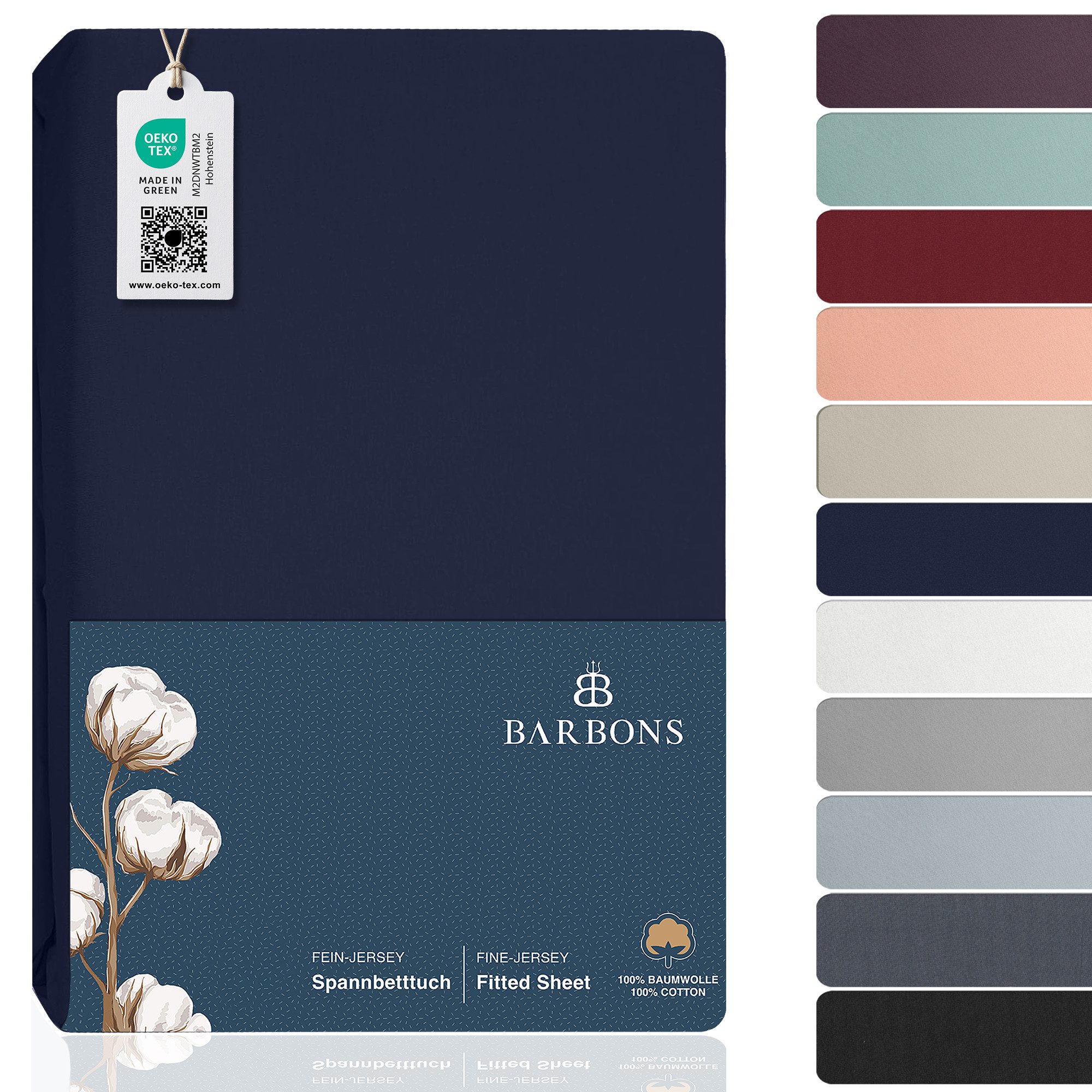 BARBONS Spannbettlaken Jersey Bettlaken, 145 g/m² Spannbetttuch, bis zu 25cm Höhe, Topper, Jersey aus 100% Baumwolle, Gummizug: rundum, (1 Stück), Rundumgummi, Atmungsaktiv