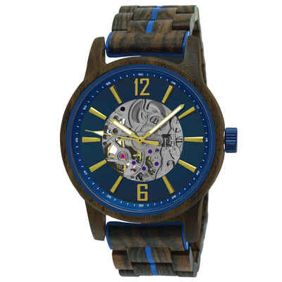 Holzwerk Automatikuhr CRIVITZ Herren Edelstahl & Holz Armband Uhr in braun, blau, gold