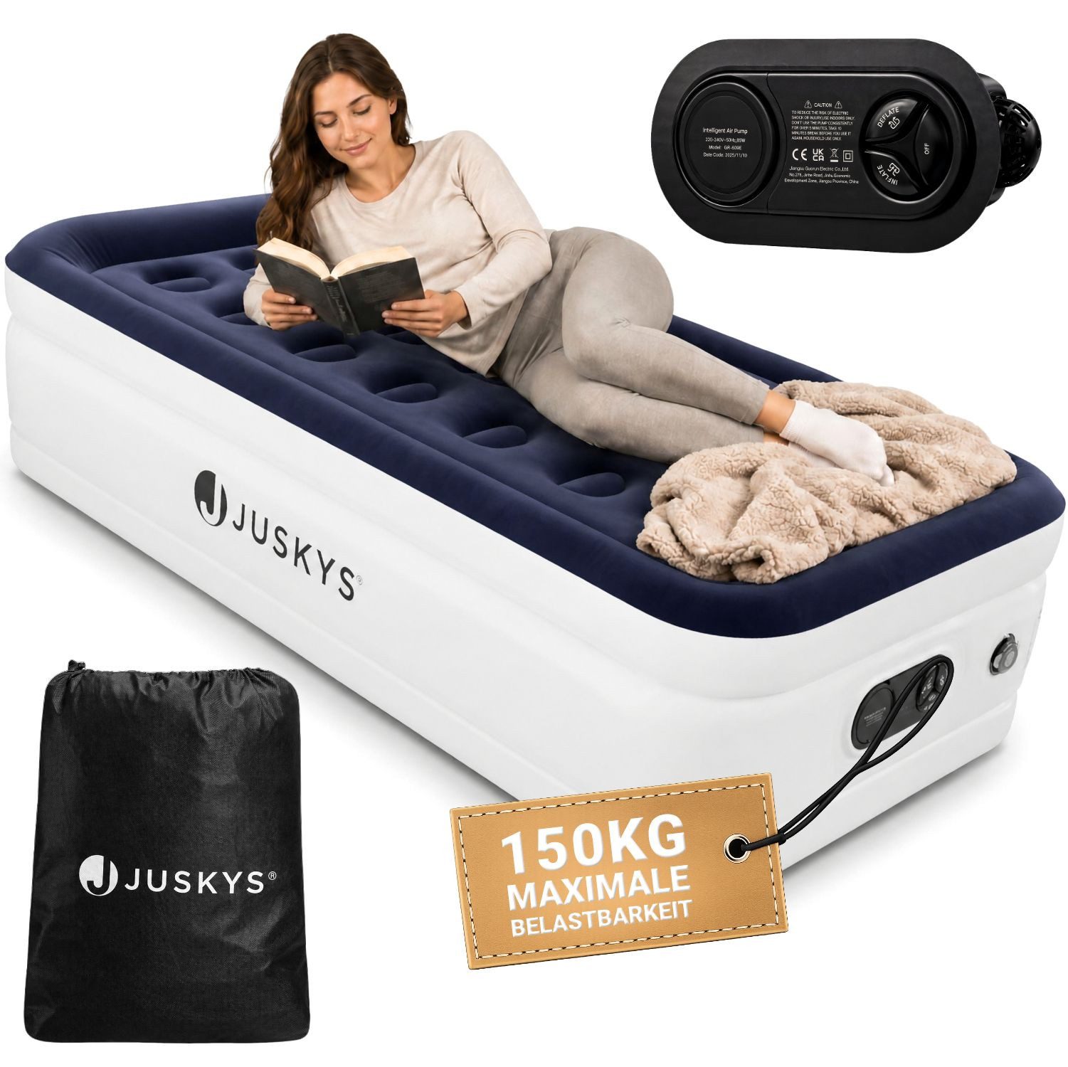 Juskys Luftmatratze Sapri M, Einzel-Luftbett, selbstaufblasend, wasserdicht, inkl. Pumpe, Tasche