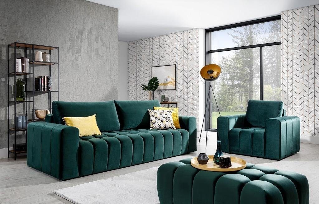 JVmoebel Wohnzimmer-Set Sofagarnitur 3+1 Sitzer Hocker Garnituren Samt Stoff 3tlg Wohnzimmer grün