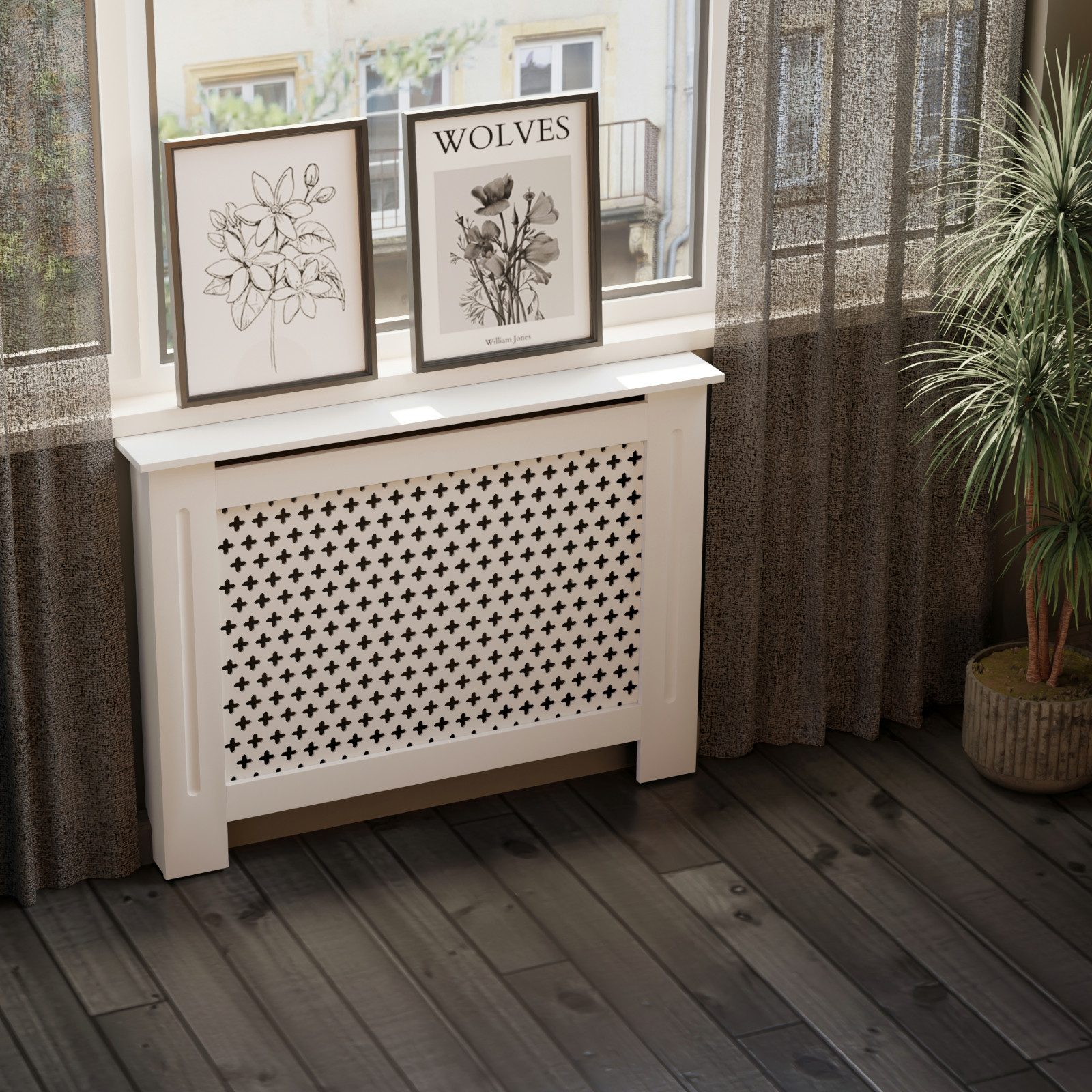 HAGO Heizungsverkleidung Heizungsabdeckung Holz 112x19x82cm Weiß Wabenmuste günstig online kaufen