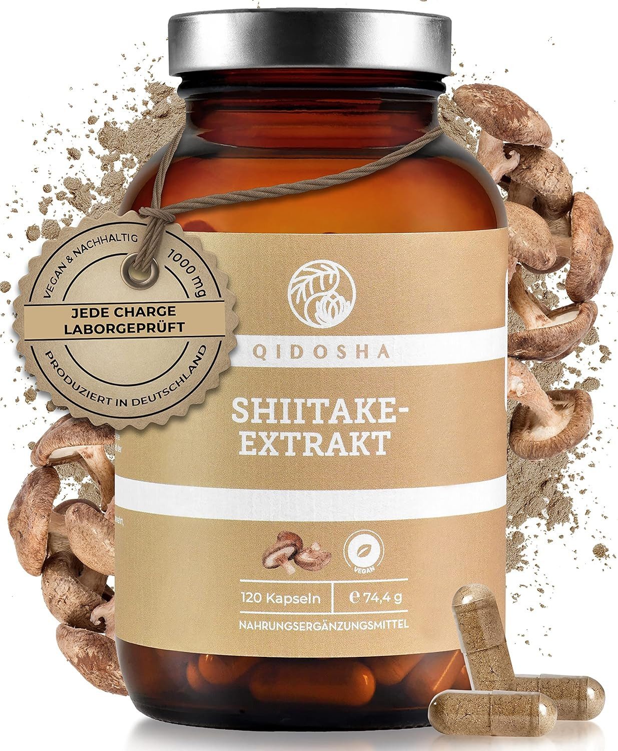 QIDOSHA Shiitake-Extrakt Kapseln, 15:1 Extrakt, 120 Stk, 1000 mg Shiitake Dual-Extrakt je Tagesportion, 30% Polysaccharide, Premium Shiitake Pilze Kapseln hochdosiert, vegan, laborgeprüft à 120 St., 74.4 g