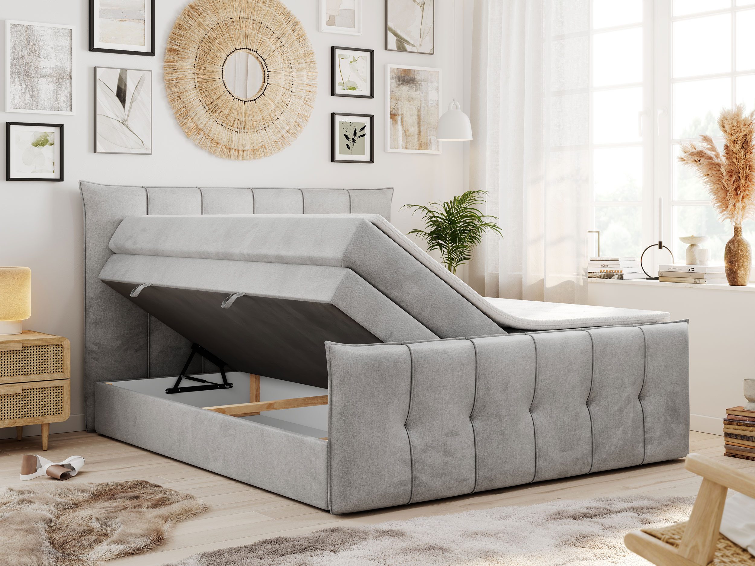 MKS MÖBEL Boxspringbett PREMIUM 11 KING (Set, Packung, T30-Schaum, Topper T25/Visco, gestepptes Kopfteil), Bettkasten und fünf Matratzen - Multipocket-Matratzen und Topper