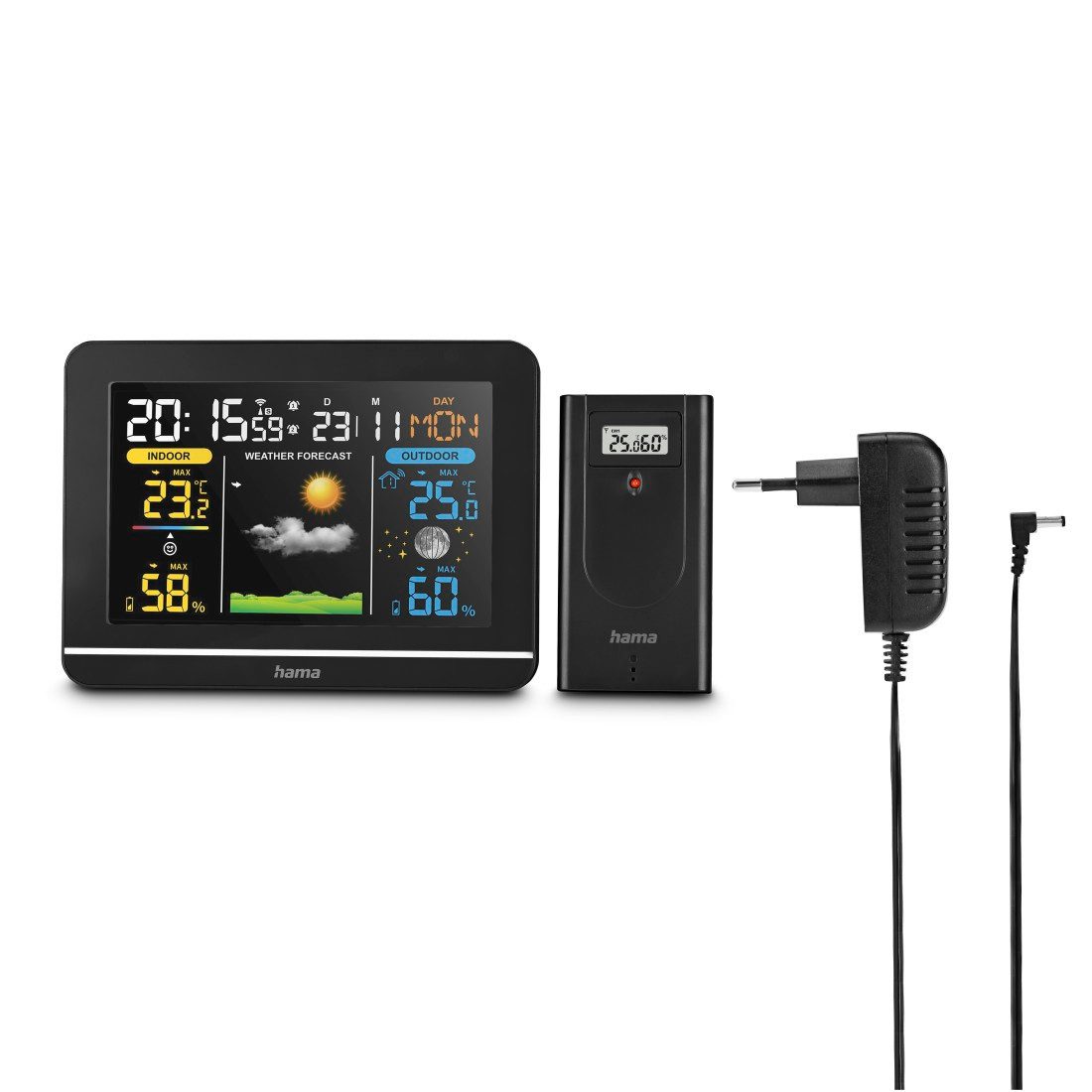 Hama Wetterstation mit Farbdisplay, Außensensor, Wetter, Alarm, Temparatur Wetterstation (Weckerfunktion, Schlummerfunktion, Mondphasenanzeige)