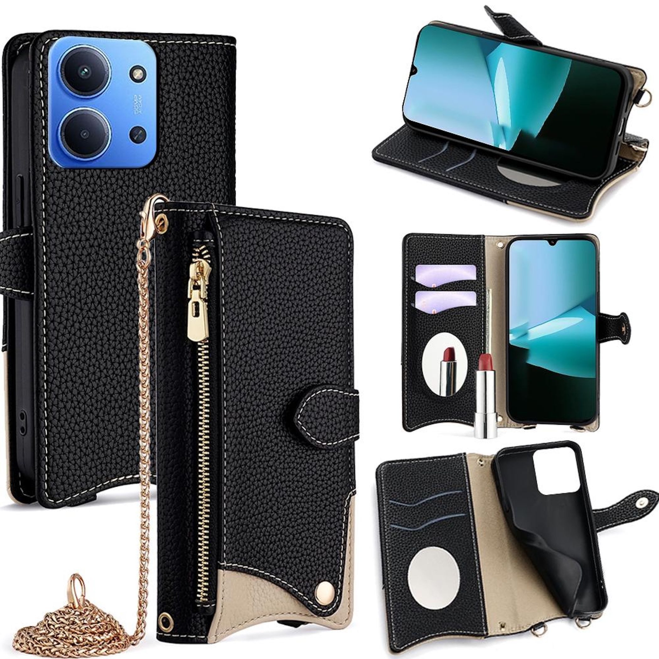 Wigento Handyhülle Für Xiaomi Redmi 15C 5G / 4G Crossbody Kunstleder Schutztasche Schwarz, Wallet Case mit Spiegel, Kartenfächern und Umhängekette