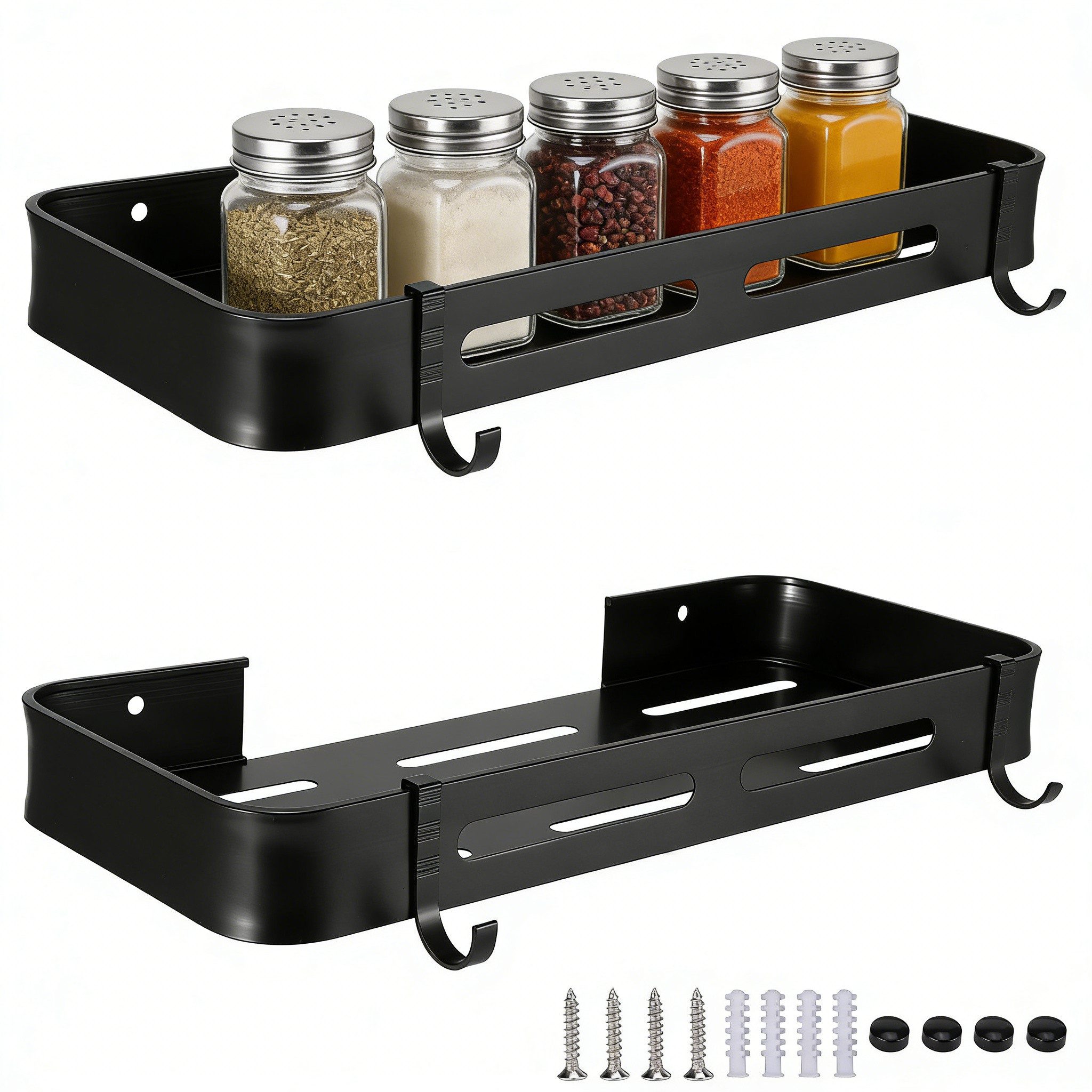 BlingBin Gewürzregal Duschablage mit Haken, Küchenregal Wand Ohne Bohren, 2er Set 2-tlg., Gewürzregale aus Metall für Küche, Schrank, Badezimmer, Schwarz