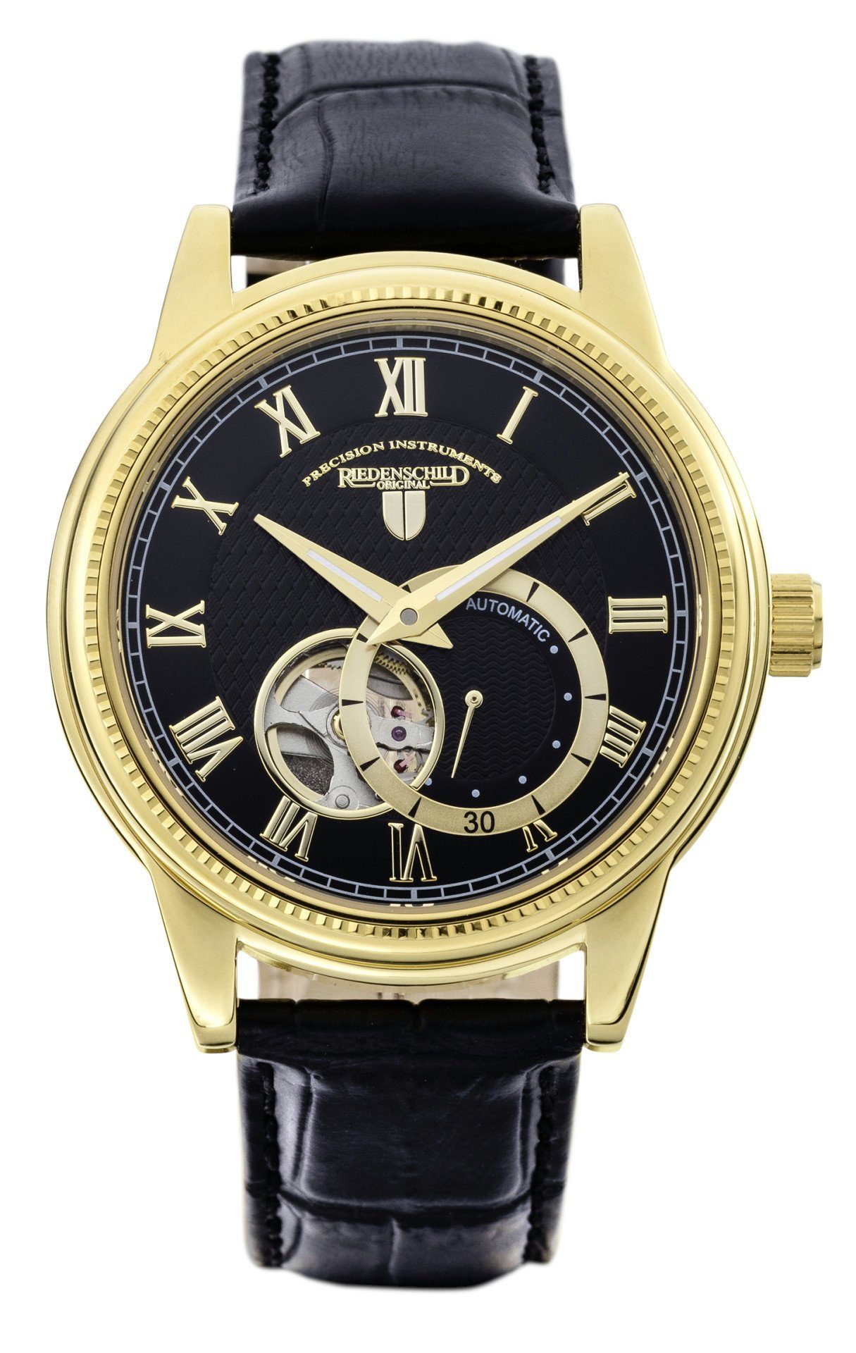 Riedenschild Automatikuhr RS7607-03 Herrenuhr IP-Gold Open Heart Lederband 42 mm