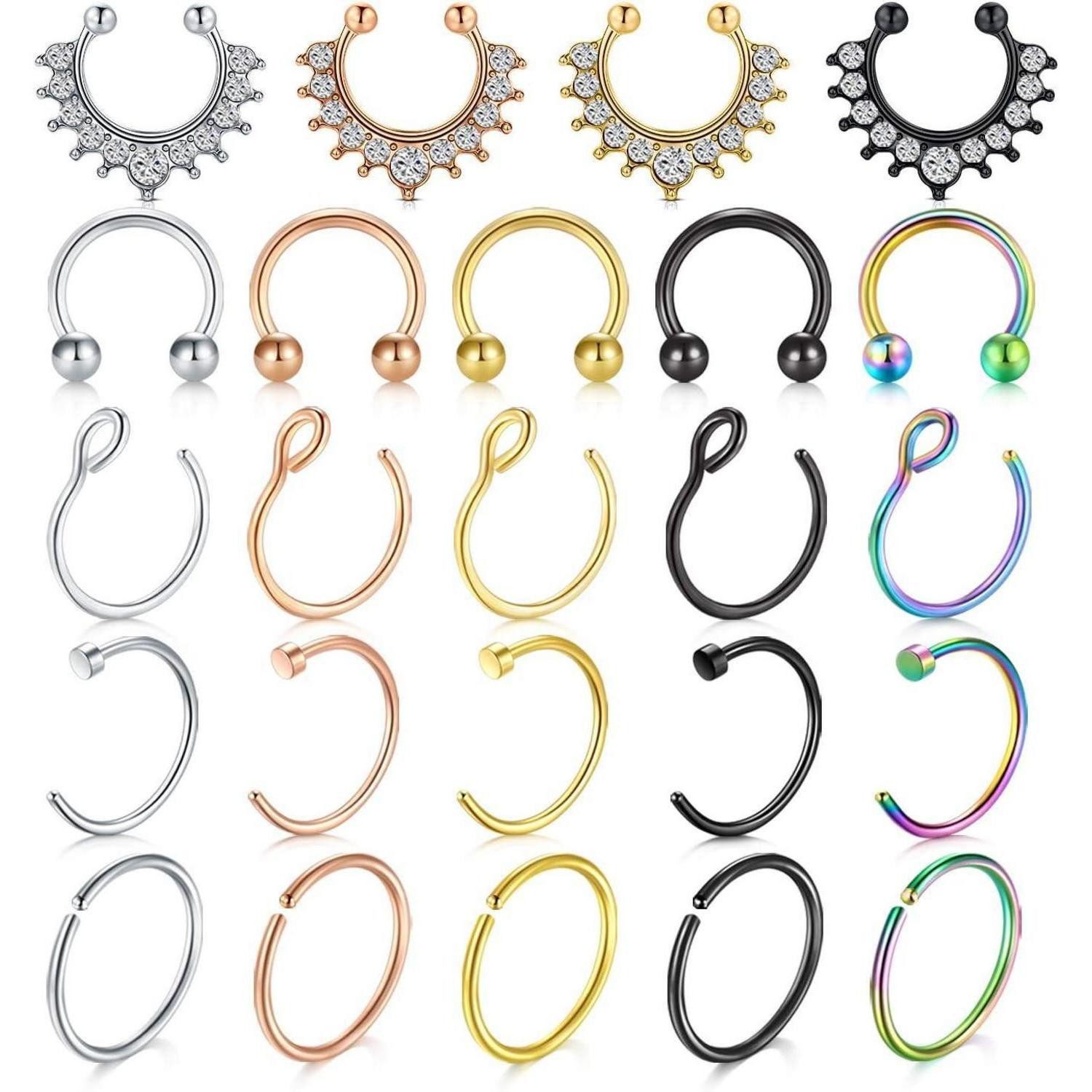 Nasenpiercing Fake Septum Nasenring Set Edelstahl Kristall 24 Stück Piercing Schmuck