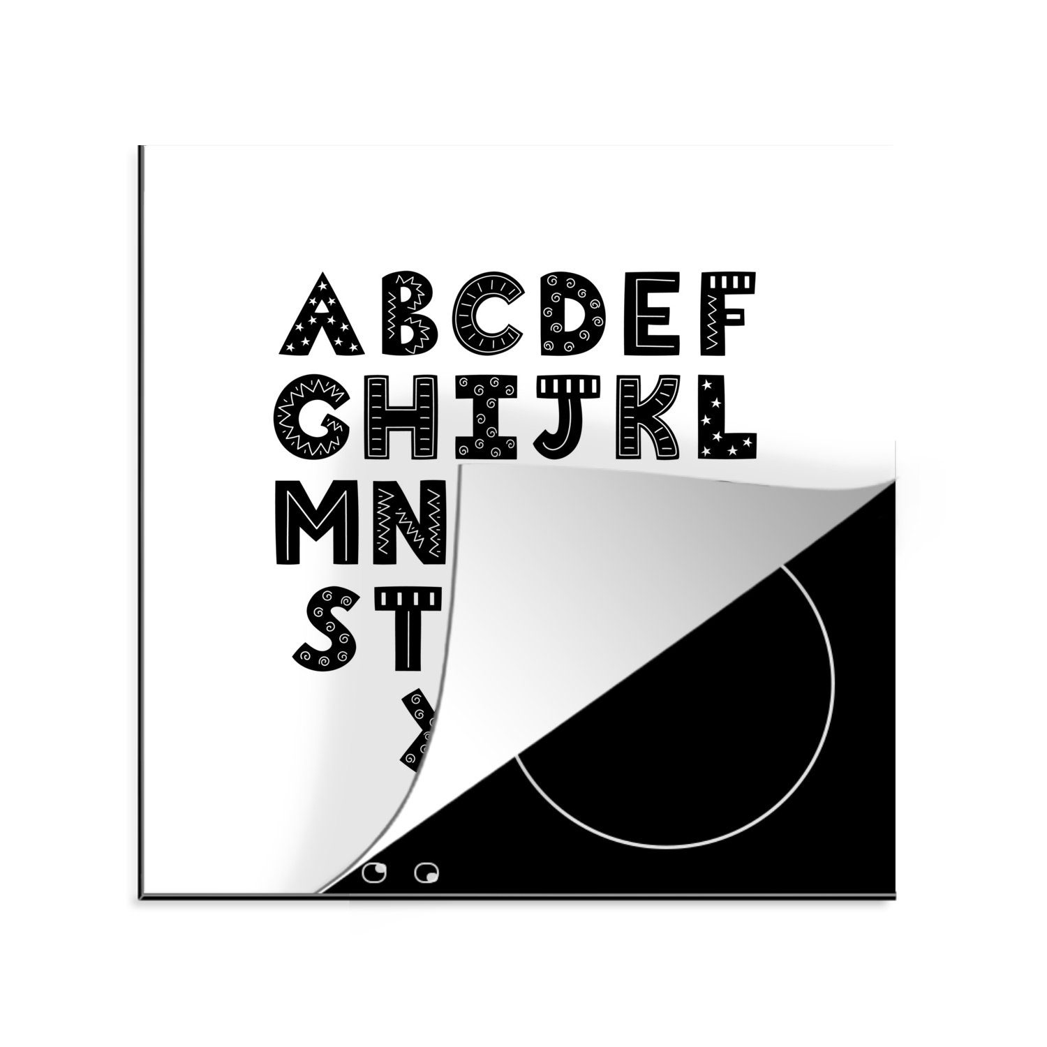küche für Illustriertes Herdblende-/Abdeckplatte Vinyl, schwarzen verzierten Buchstaben, Alphabet tlg), cm, Arbeitsplatte Ceranfeldabdeckung, MuchoWow (1 mit 78x78 und