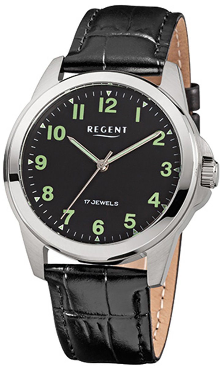 Regent Quarzuhr Regent Herren-Armbanduhr schwarz Analog, (Analoguhr), Herren Armbanduhr rund, mittel (ca. 39mm), Lederarmband