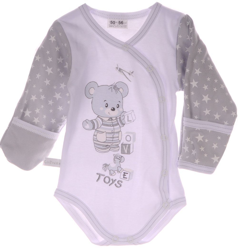 La Bortini Wickelbody Langarmbody Baby Body in Grau mit Sternchen und Bären aus reiner Baumwolle, 44 50 56 62 68 74 80 86 92 98 104