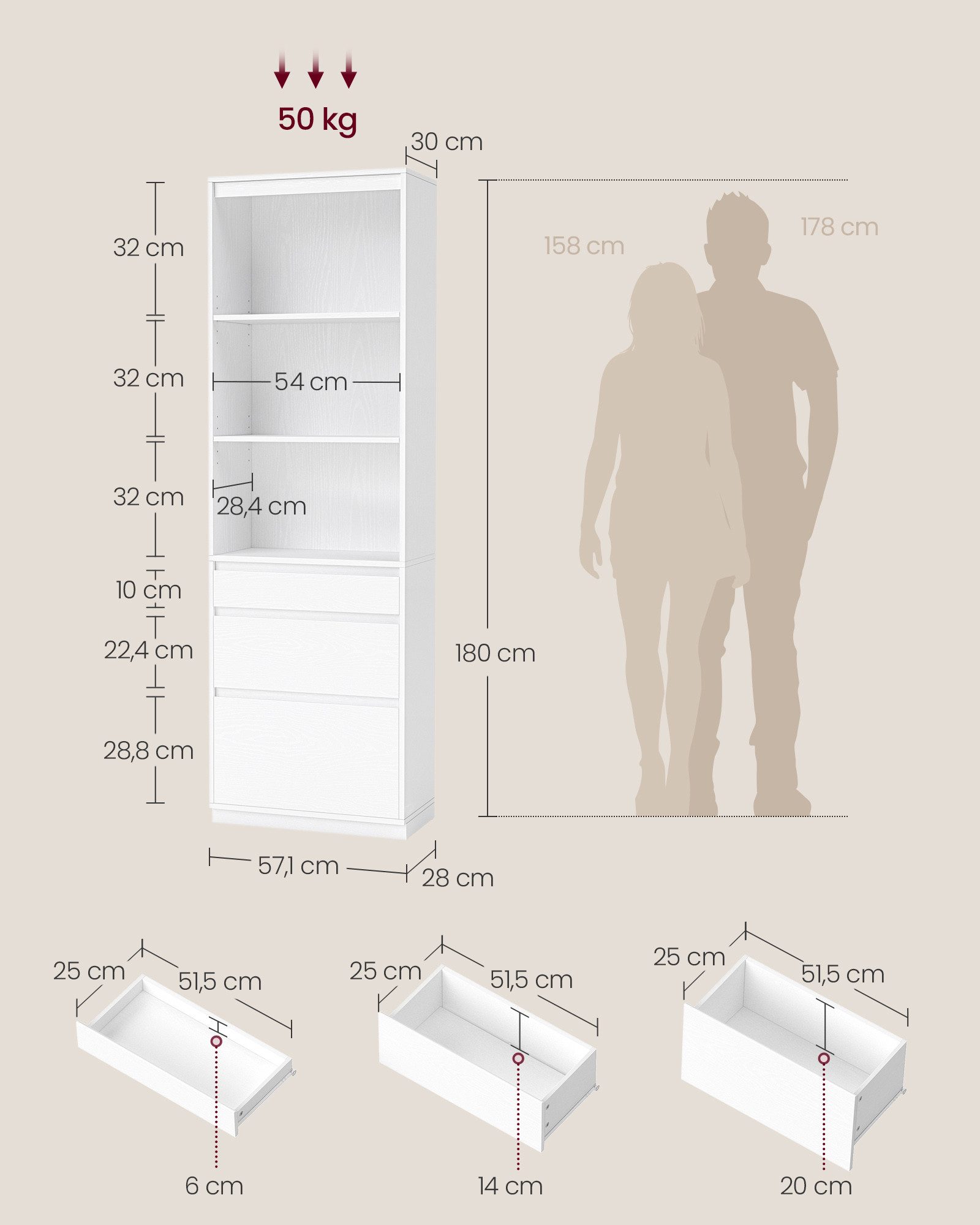 VASAGLE Bücherregal Hochschrank verstellbare Ablagen, Hochschrank, 3 Schubladen, verstellbare Ablagen – Bild 5 von 5