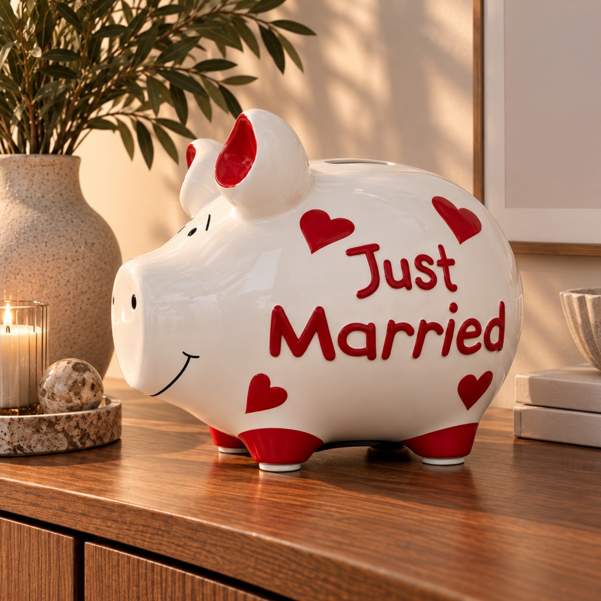 matches21 HOME & HOBBY Bilderrahmen Große Hochzeit Spardose Sparschwein JUST MARRIED weiß, rot 17 cm, Keramik Sparbüchse - Gummistopfen zum Öffnen