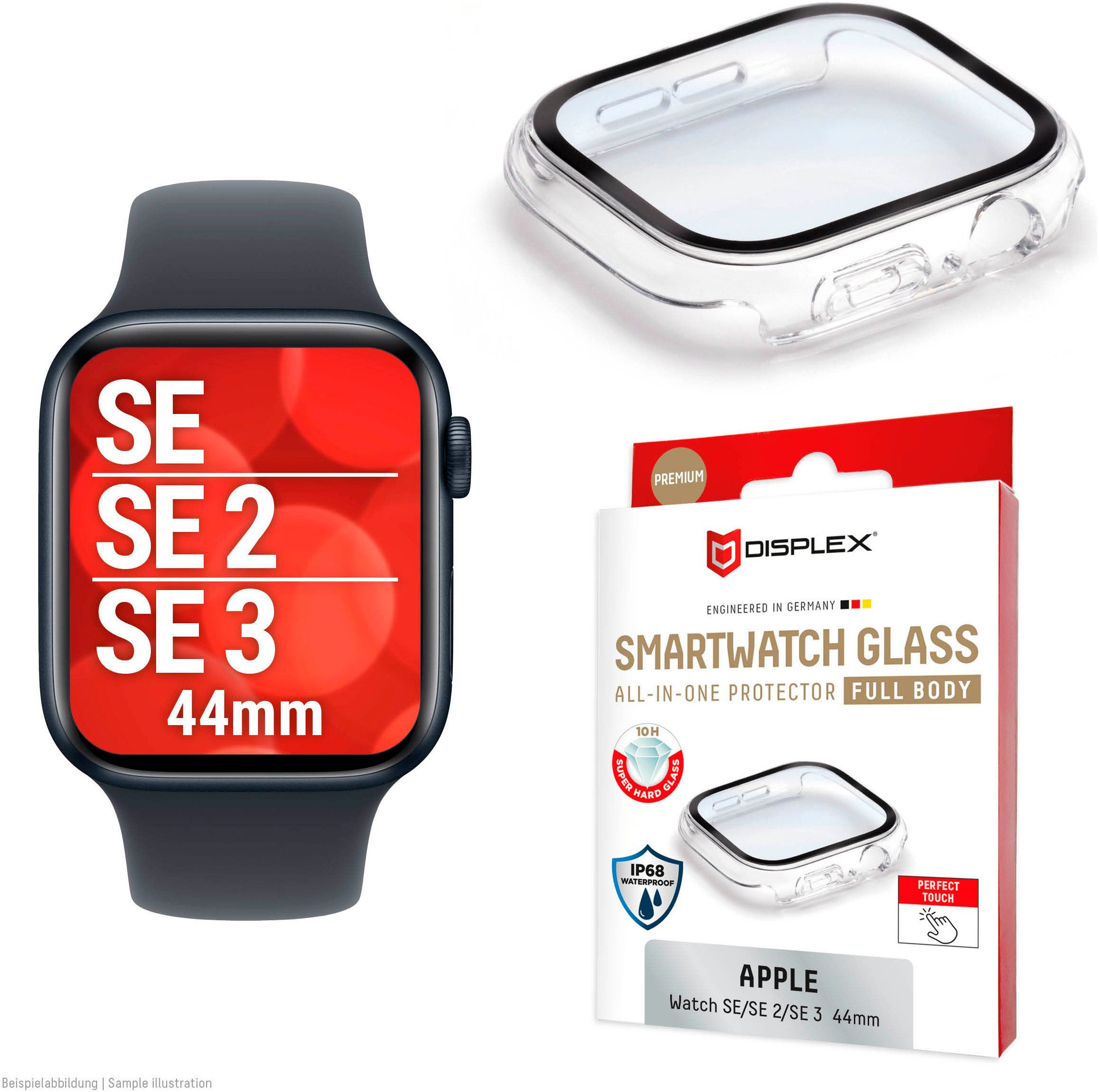 Displex Displayschutzglas Smartwatch Glass All-In-One Protector Full Body für Apple Watch SE 2 44 mm, Apple Watch SE 3 44 mm, Apple Watch SE 44 mm, Displayschutzfolie, Schutzfolie, Bildschirmschutz, kratz- & stoßfest