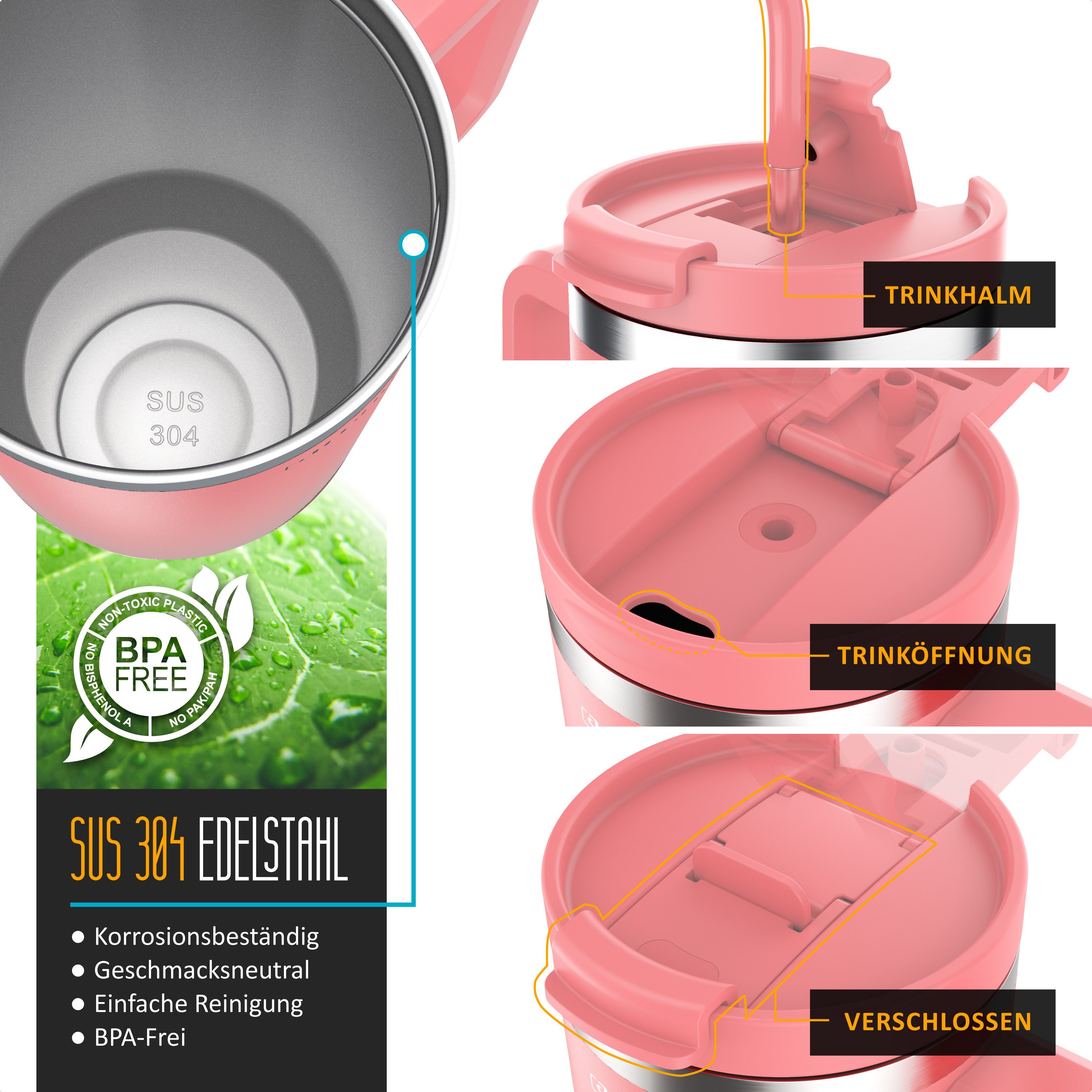 Arendo Thermobecher Tumbler 1200 ml, Becher mit Deckel, Henkel und Strohhalm, Thermal Mug, 1-tlg., Edelstahl, kohlensäuregeeignet, auslaufsicher, doppelwandig,  – Bild 3 von 5