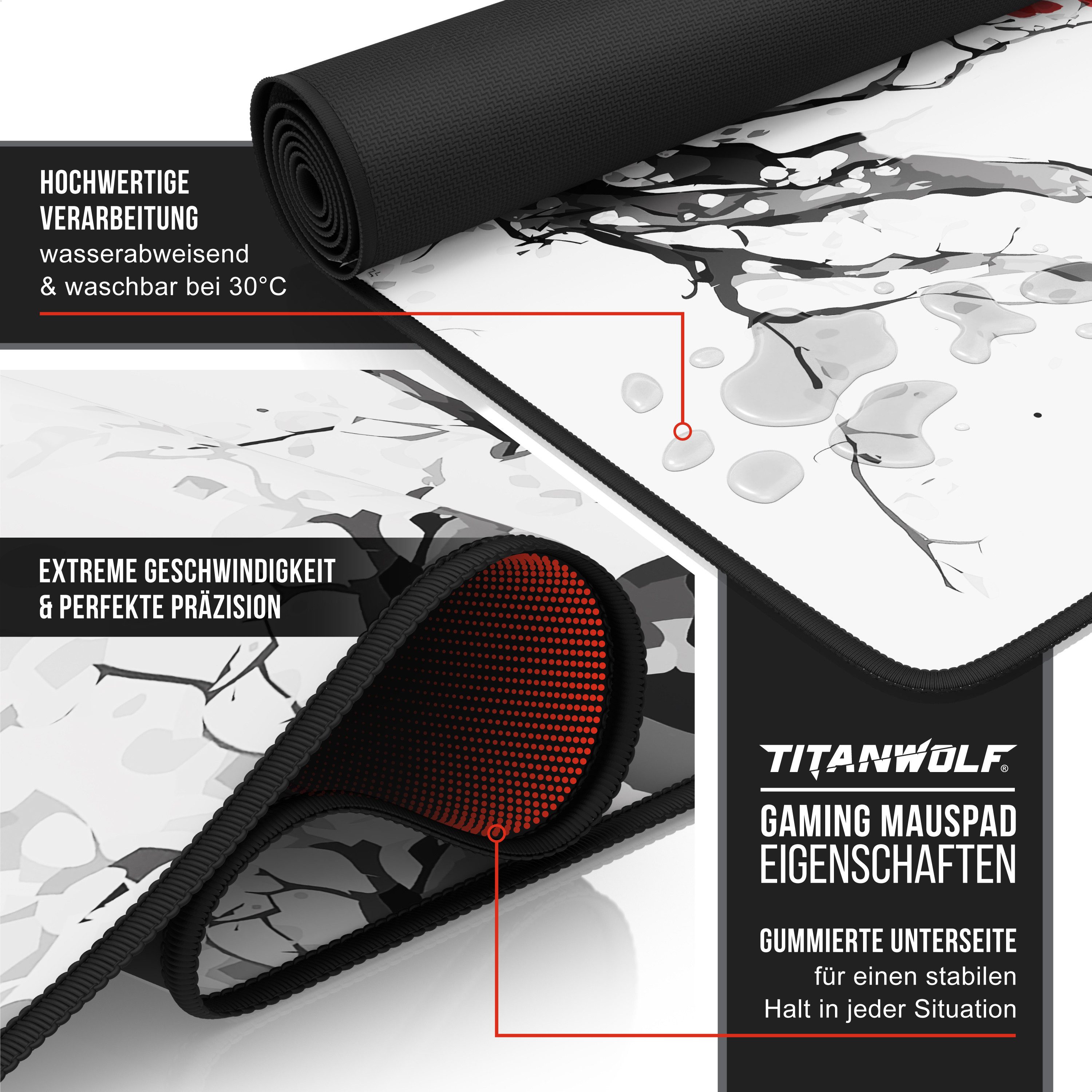 Titanwolf Gaming Mauspad XXXL Speed Mousepad 1200 x 600 x 3 mm, große Schreibtischauflage, rutschfest, abwaschbar, Geschwindigkeit & Präzision, JapanInk Painting