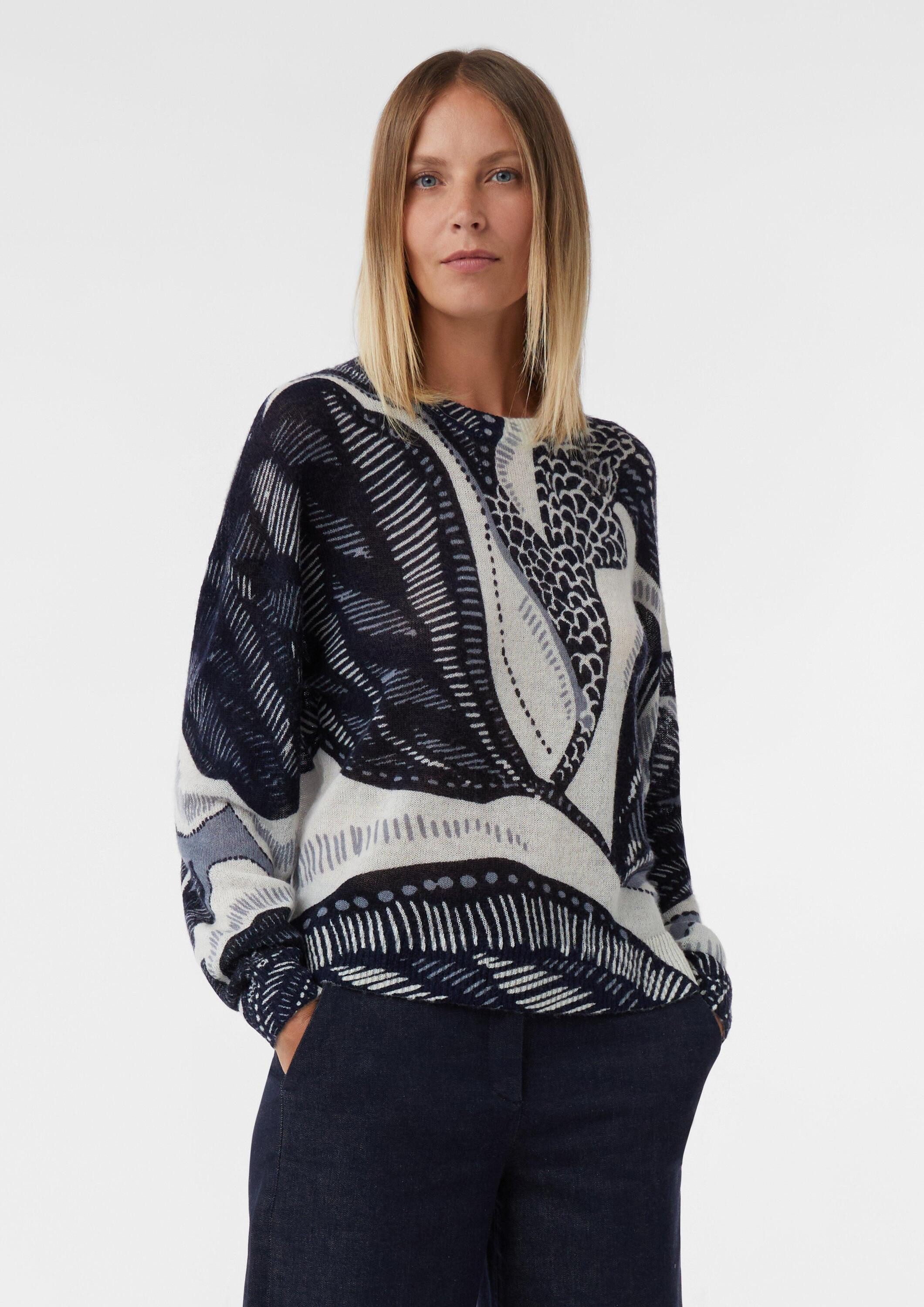 comma Longpullover Strickpullover Wollmixpullover im Relaxed Fit mit All-over-Artwork