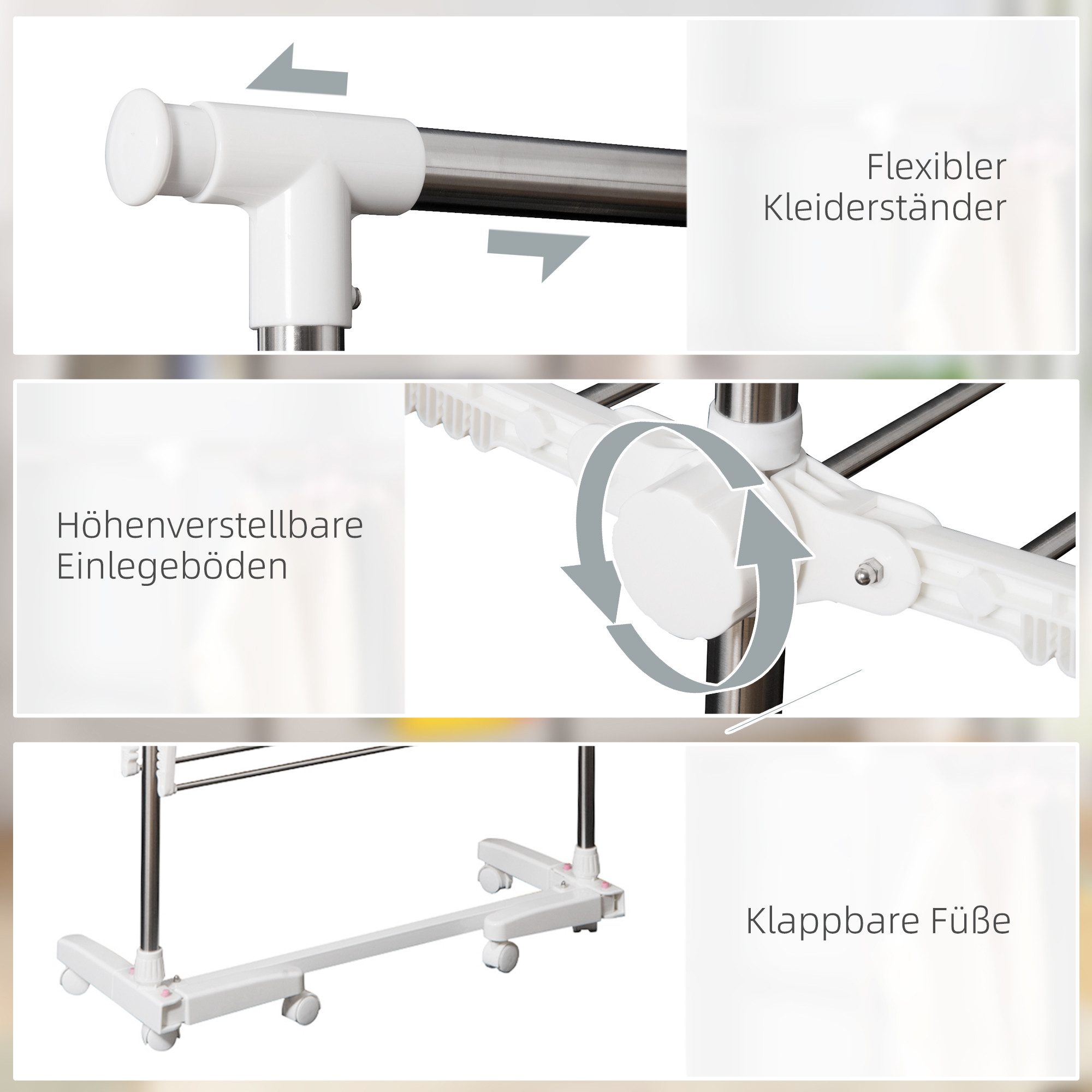 HOMCOM Wäscheständer Turm ausziehbar Standtrockner mit 3 Ebenen, klappbare Flügel, Stahl Weiß 83-136,5 x 55 x 154 cm – Bild 4 von 5