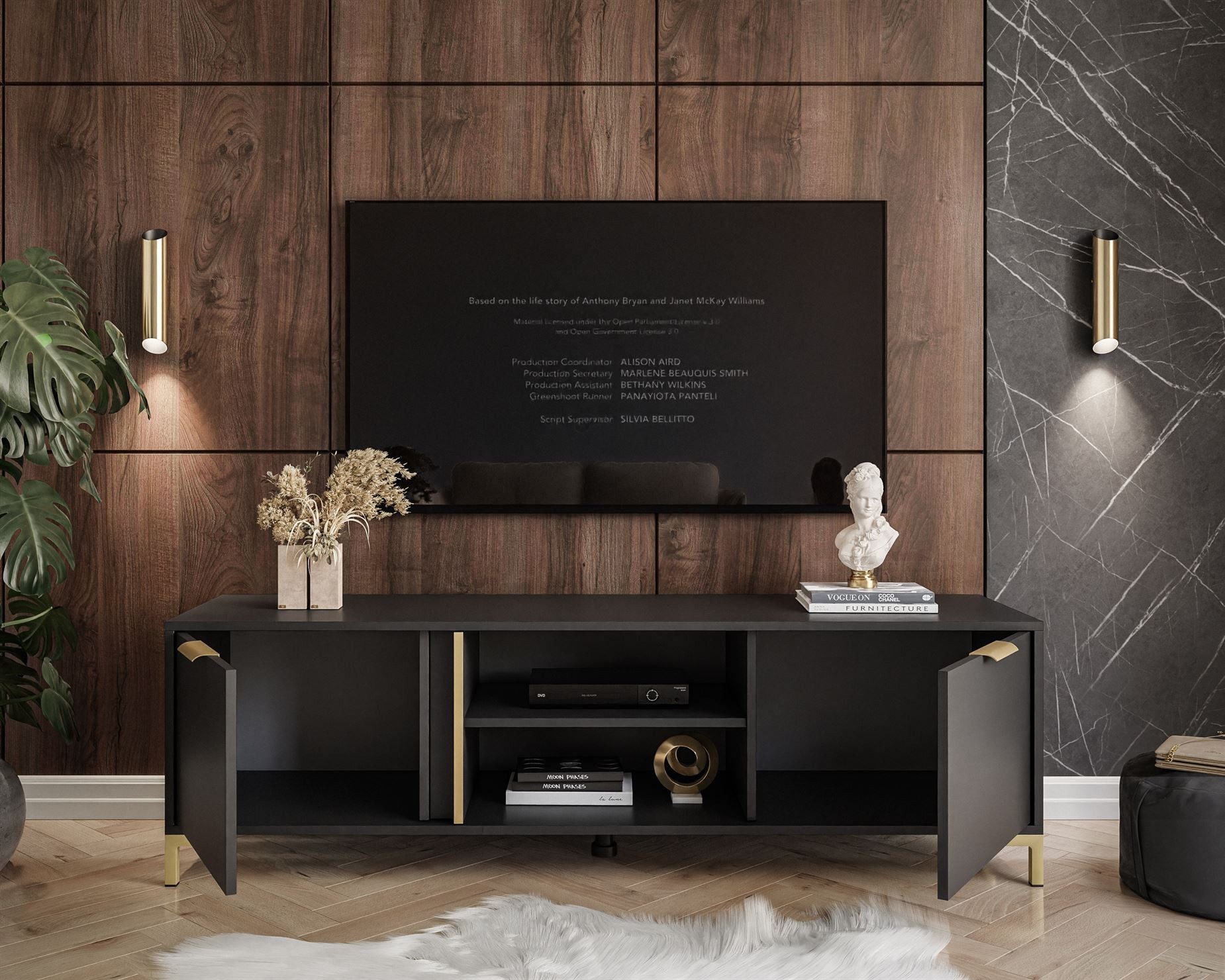 ALLHOUSE24 TV-Board LARA Anthrazit 2 Türen + 2 offene Fächer Goldgriffe Kabeldurchlass (1x TV Schrank), Breite 153 cm