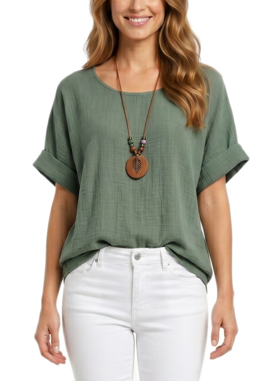 dy_mode Kurzarmbluse Damen Kurzarm Bluse Leichte Sommer Tunika Baumwollbluse Oberteil in Unifarbe, mit passende Kette