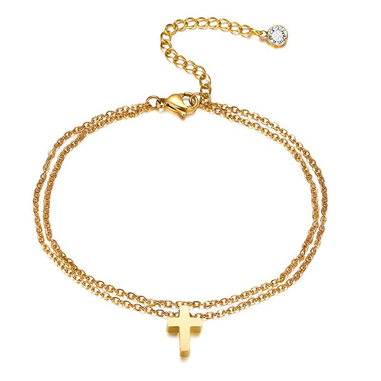 KARMA Fußkette mit Anhänger Damen Kreuz aus Edelstahl mit Zirkonia 21 cm Fußkettchen wasserfest (PVD beschichtet für lange Haltbarkeit, 1-tlg., Accessoires Damenfußkette Damenschmuck), antiallergischer Sommerschmuck