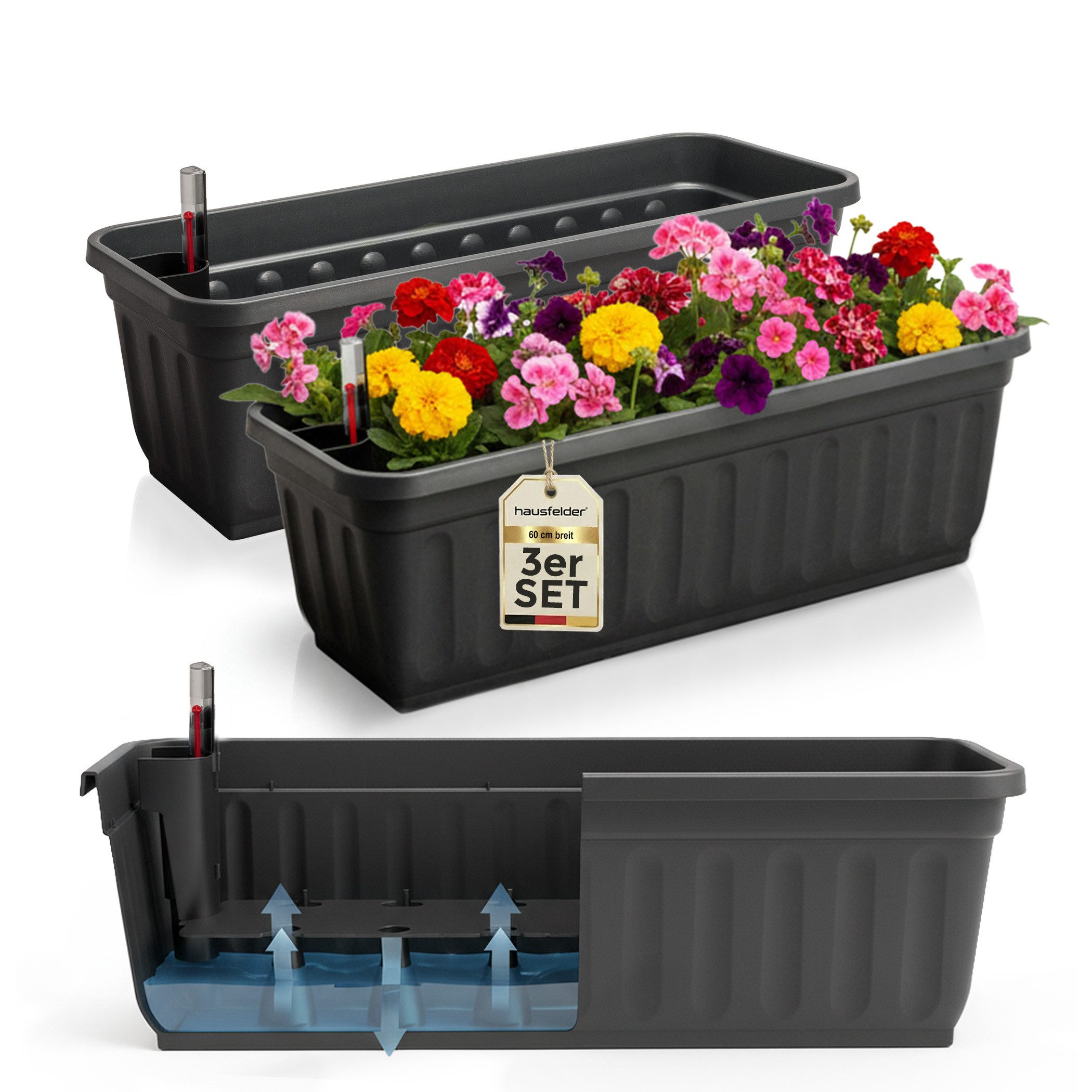 Hausfelder Blumenkasten Balkonkasten mit Wasserstandsanzeiger, Pflanzkasten 3er Set, 60cm (3er Set, 3 St., Jedes Set enthält: Füllstandsanzeiger, Boden, Pflanzkasten), Blumenkästen UV- und witterungsbeständig für innen und außen, matt