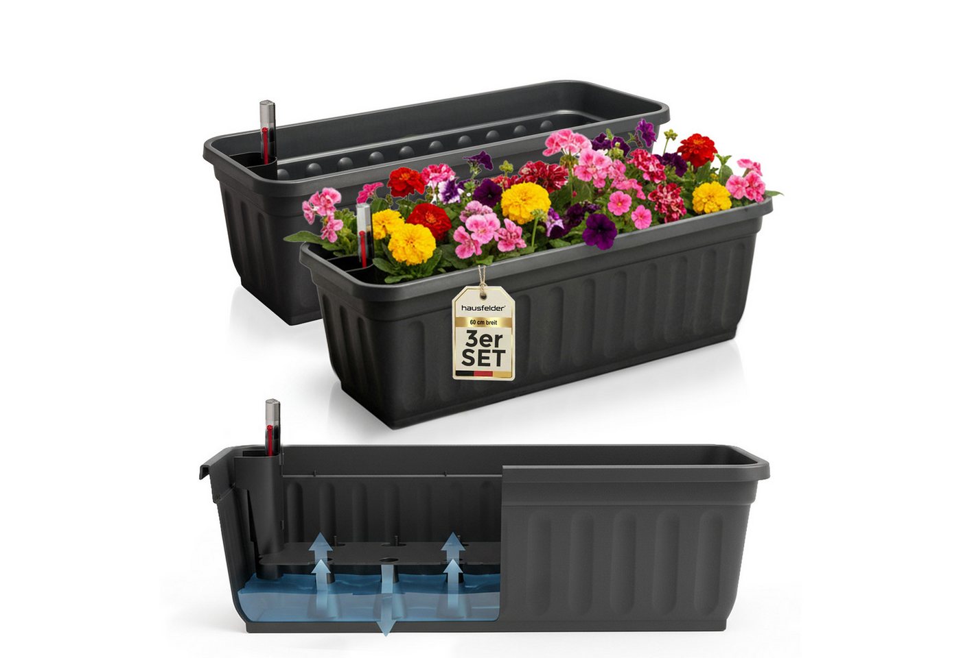 Hausfelder Blumenkasten Balkonkasten mit Wasserstandsanzeiger, Pflanzkasten 3er Set, 60cm (3er Set, 3 St., Jedes Set enthält: Füllstandsanzeiger, Boden, Pflanzkasten), Blumenkästen UV- und witterungsbeständig für innen und außen, matt