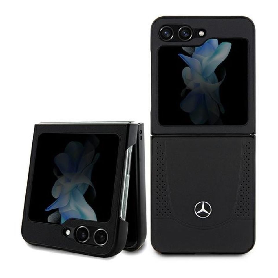 Mercedes Handyhülle Case für Galaxy Z Flip 5 Echtleder schwarz Stern Metall 6,7 Zoll, Kantenschutz