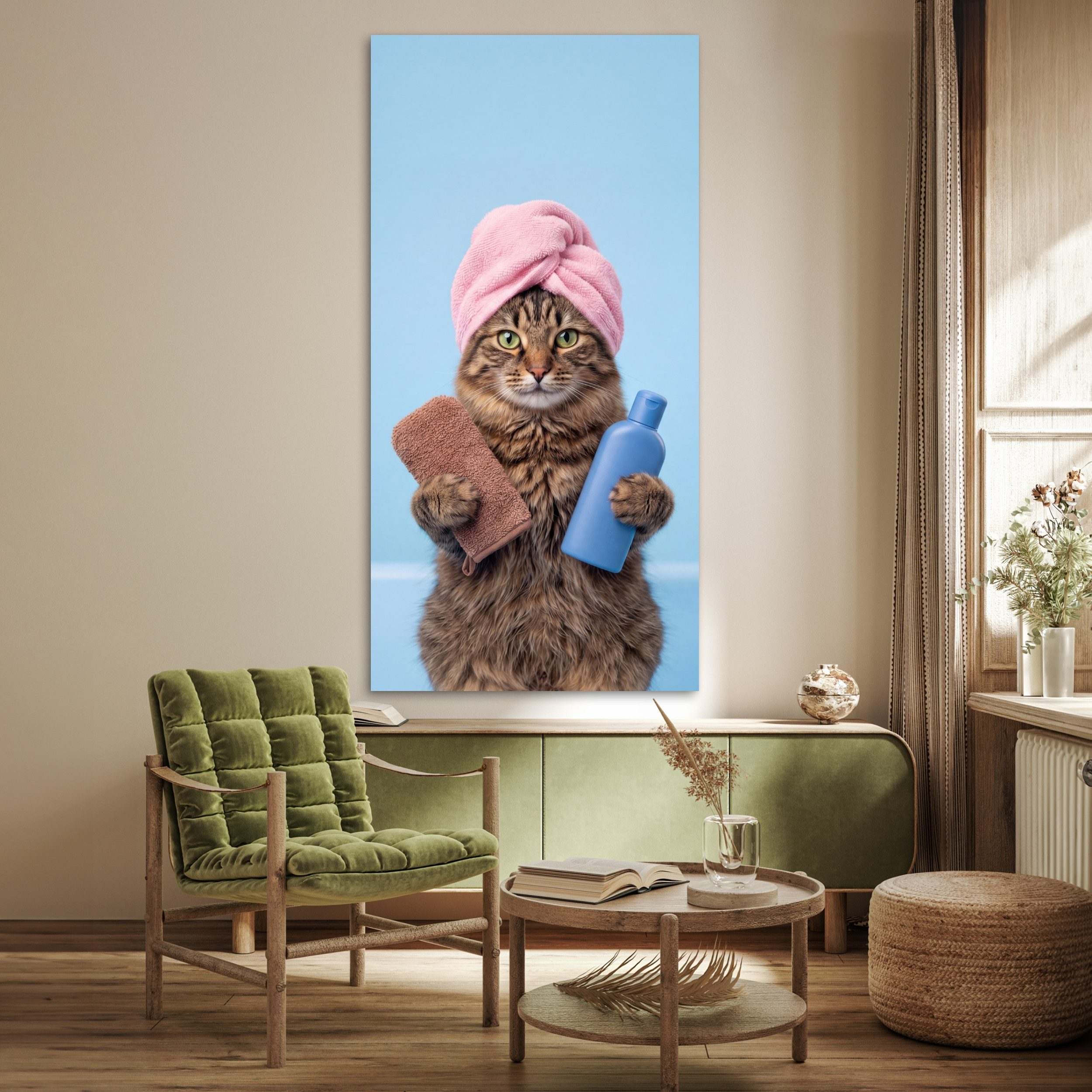 MuchoWow Poster Katze - Handtuch - Waschlappen - Seife, (1 St), Wandbild, Wohnzimmer Deko, Qualitätsdruck Dickes Papier, 80x160 cm