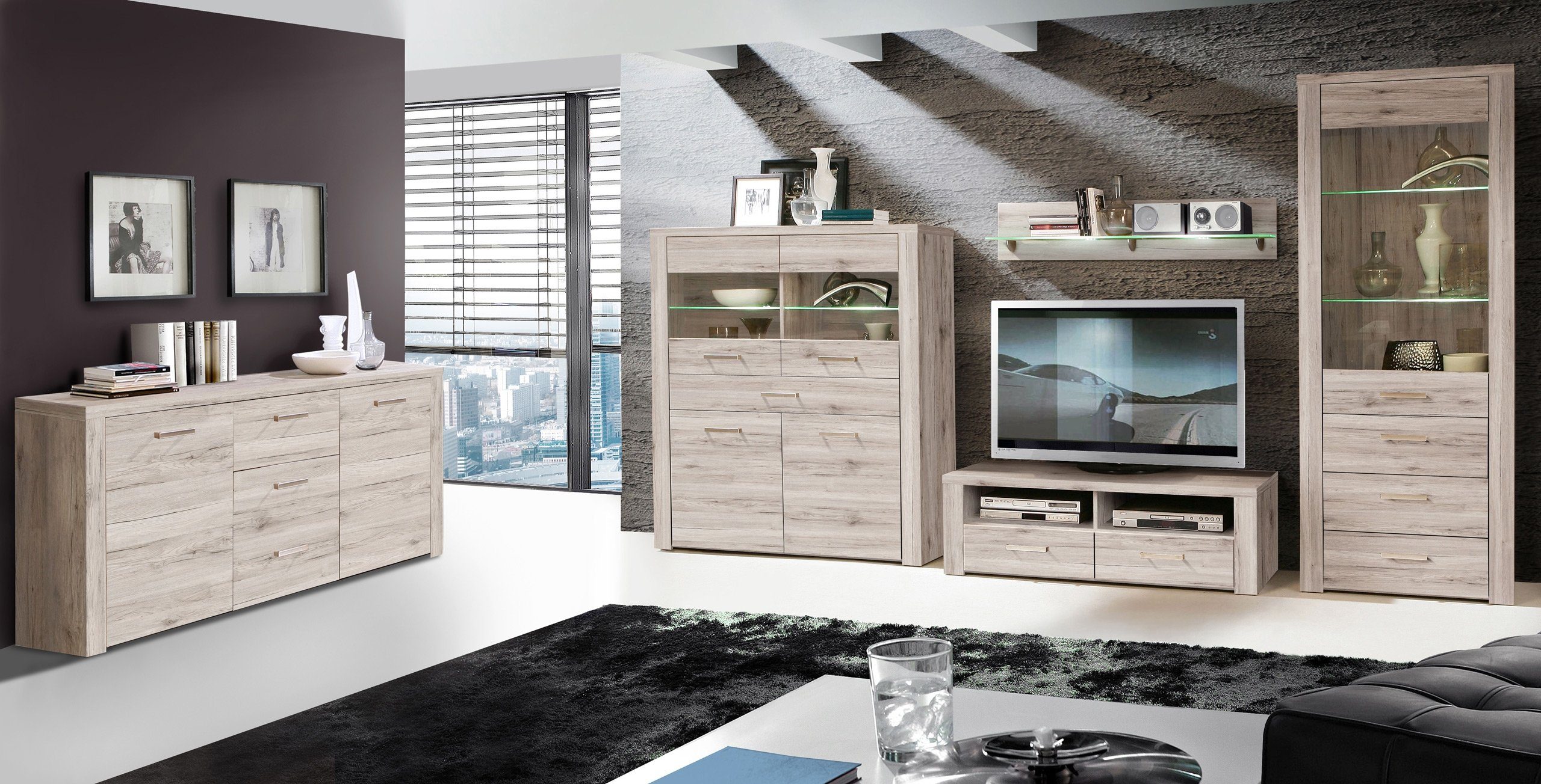 Newroom Vitrine Sandeiche 127 cm Highboardvitrine Sandeiche Modern Kommode Sideboard Wohnzimmer