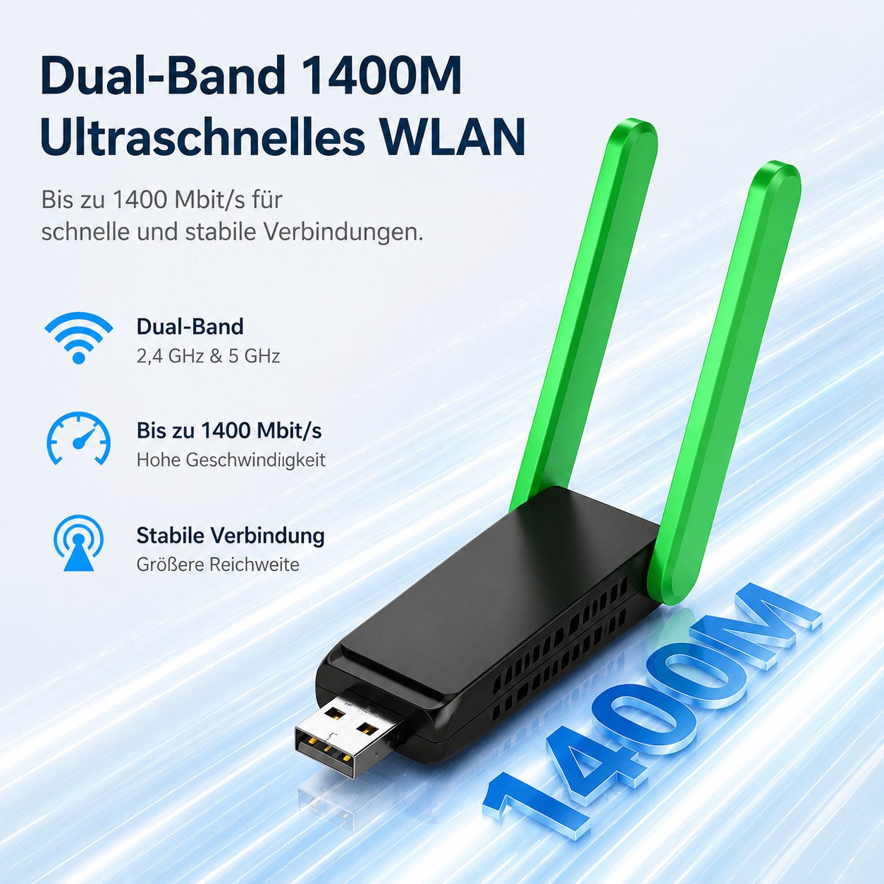 XEOOCE WLAN USB Adapter, 1400 Mbit/s Dualband, USB WLAN Stick, Schwarz Netzwerk-Adapter zu USB Typ A, 1400 Mbit/s, Dualband, 5 dB, Plug-and-Play, 802.11ac