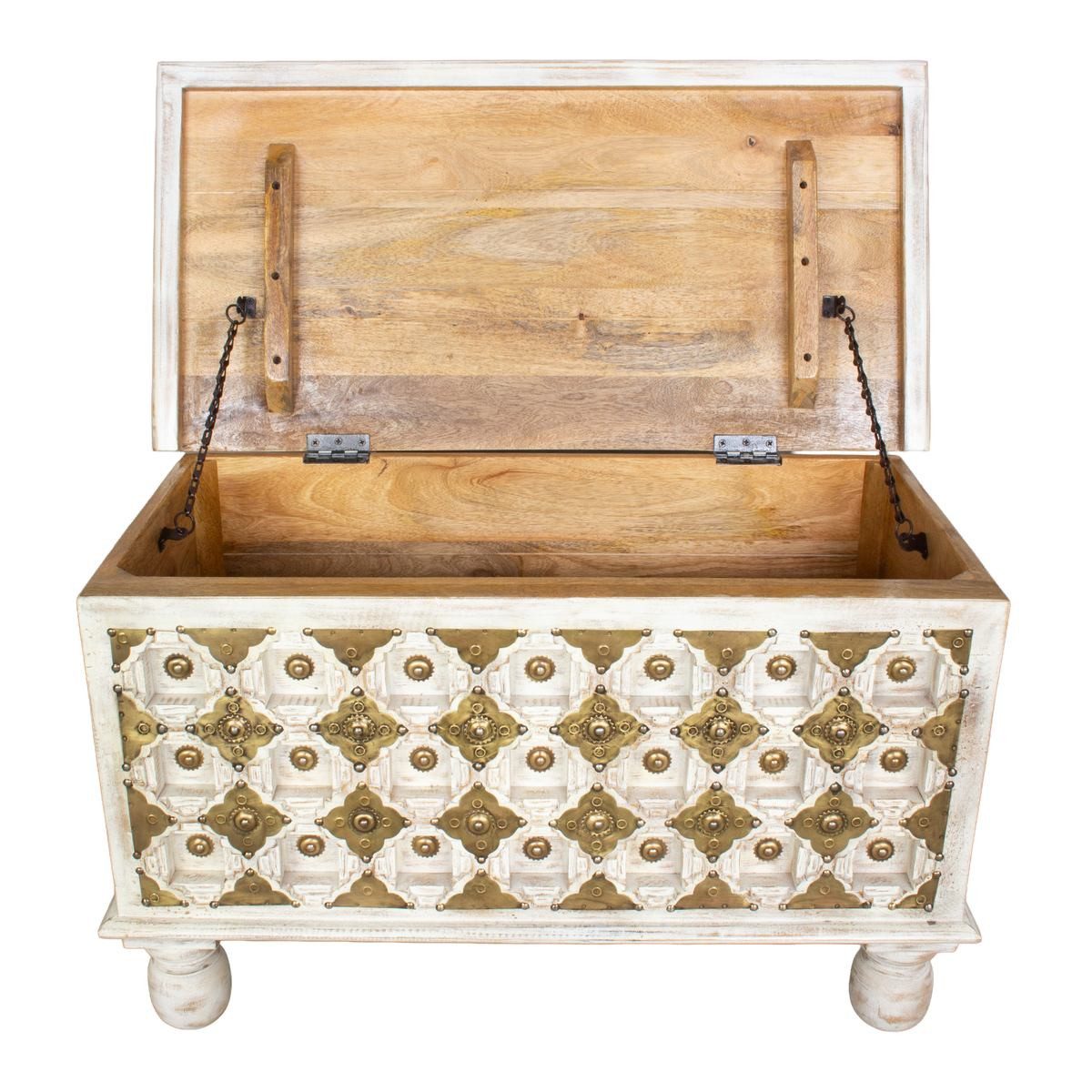 Oriental Galerie Truhe Indische Truhe Kiste Schatztruhe Weiß Gold 80cm, Holztruhe, Couchtisch mit Fach, Schatzkiste, Holzkiste Wohnzimmer