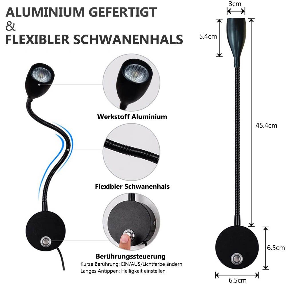 dimmbar, Lesen Naturweiß, Touch-Steuerung, zum Farbmodi, Warmweiß, Leselampe Schwanenhals mit 3 LED Wandhalterung, Rosnek Bett, Kaltweiß, flexiblem Schwarz am