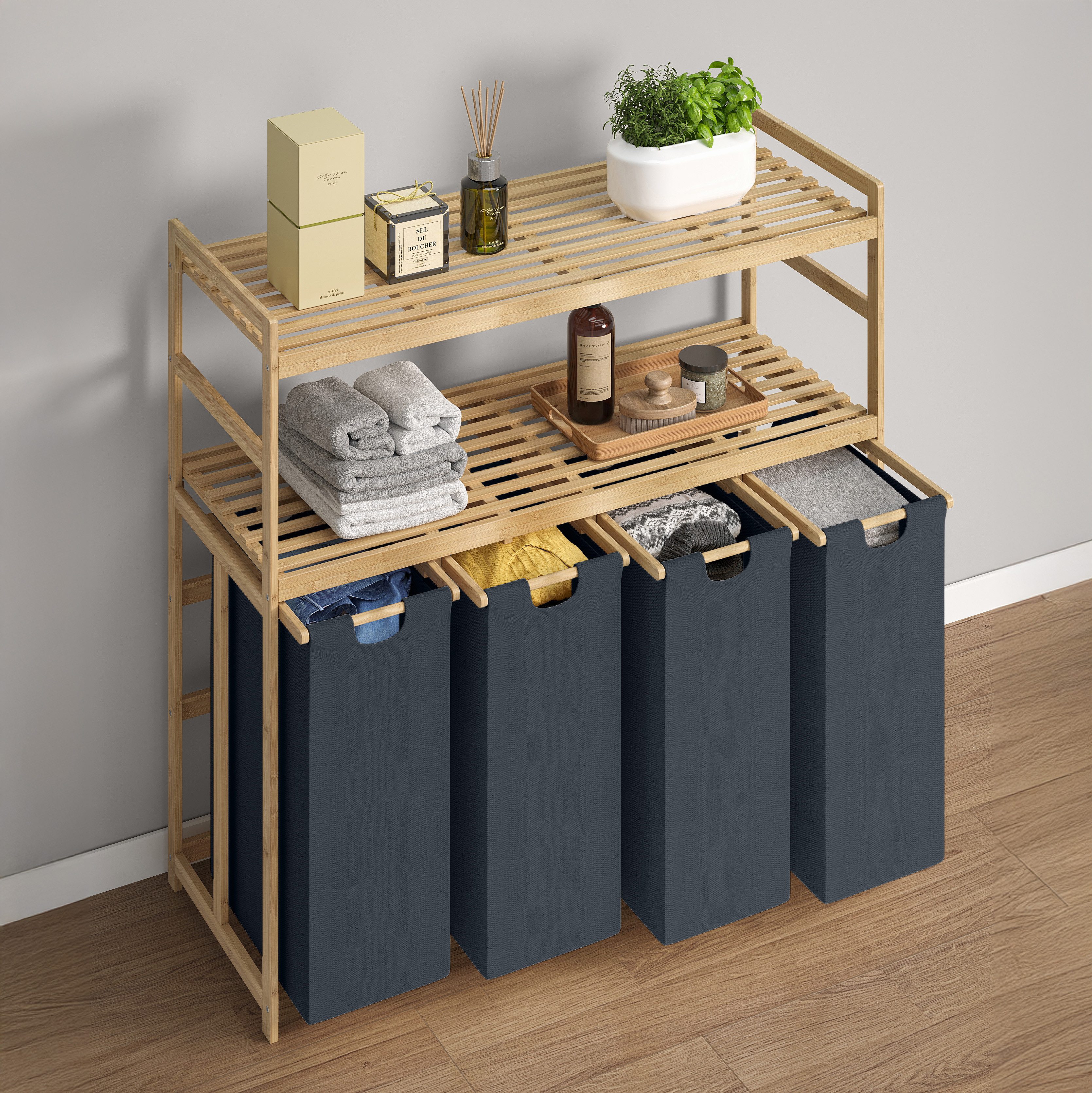 Bellamio Wäschekorb Newa aus Bambus (4 Fächer mit 2 Ablagen, Dunkelgrau 200 günstig online kaufen