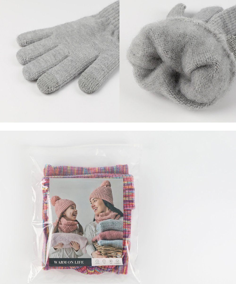 (3-tlg) & grau Wintermütze Set Handschuhe (3-tlg) Schal Kinder Schal 3in1 Mütze LENBEST